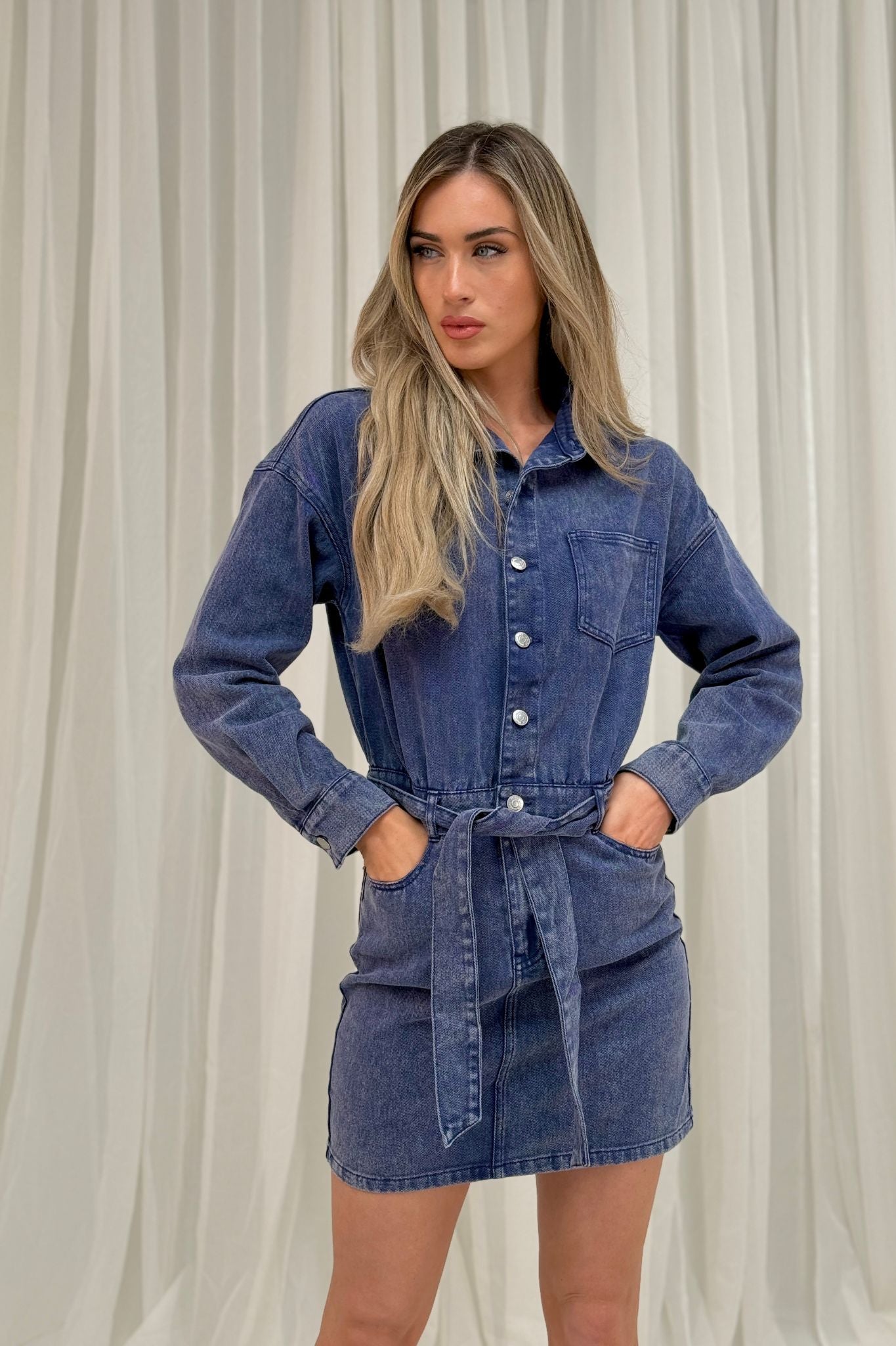 Cora Mini Denim Shirt Dress In Dark Wash