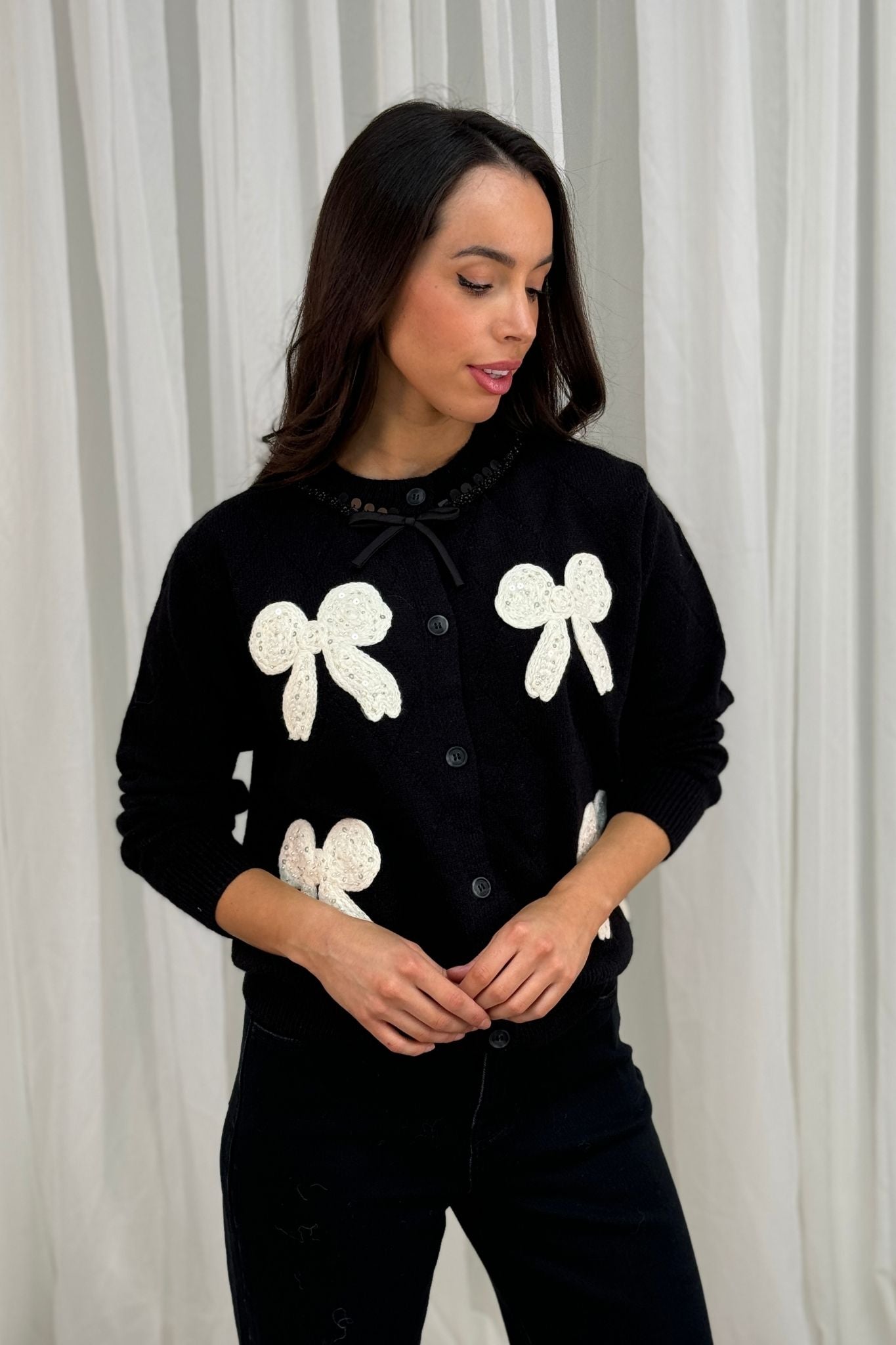 Flynn Embellished Bow Cardigan In Black