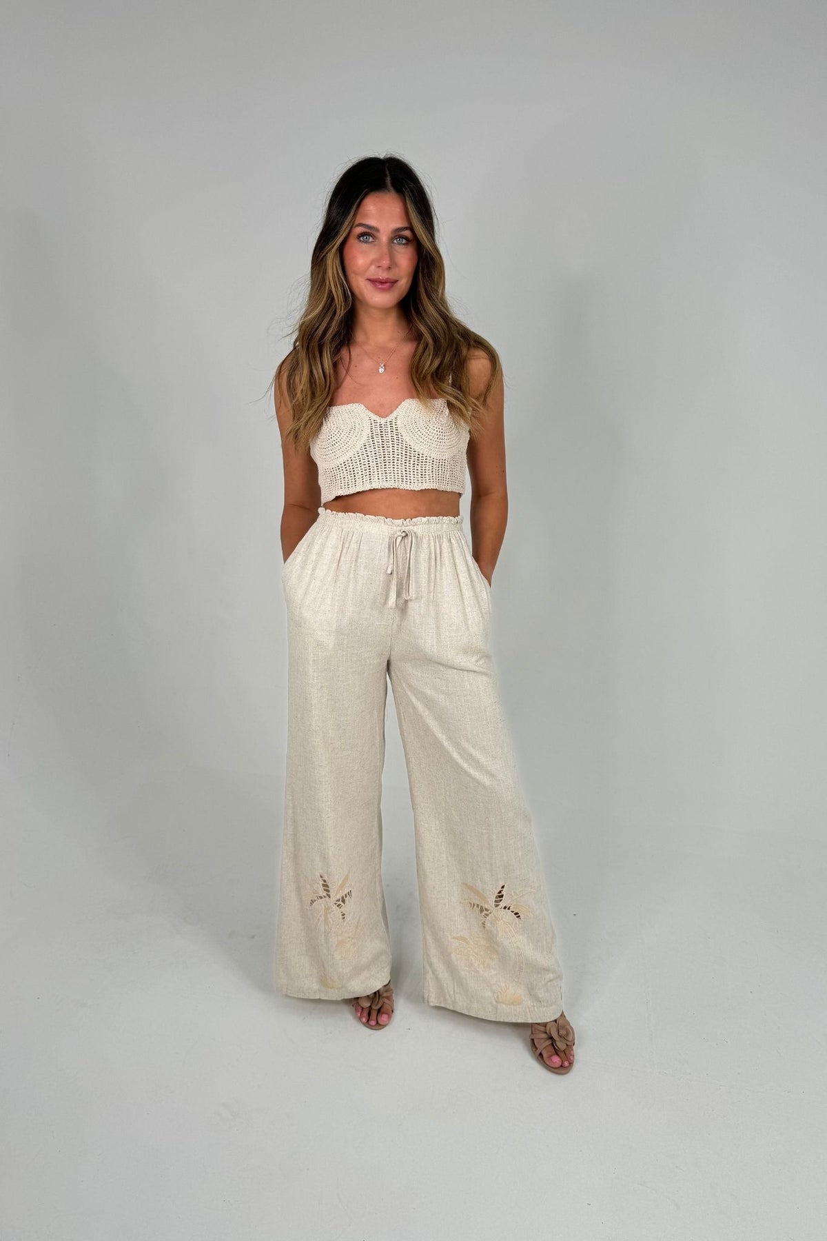 Millie Embroidered Palm Trousers In Neutral