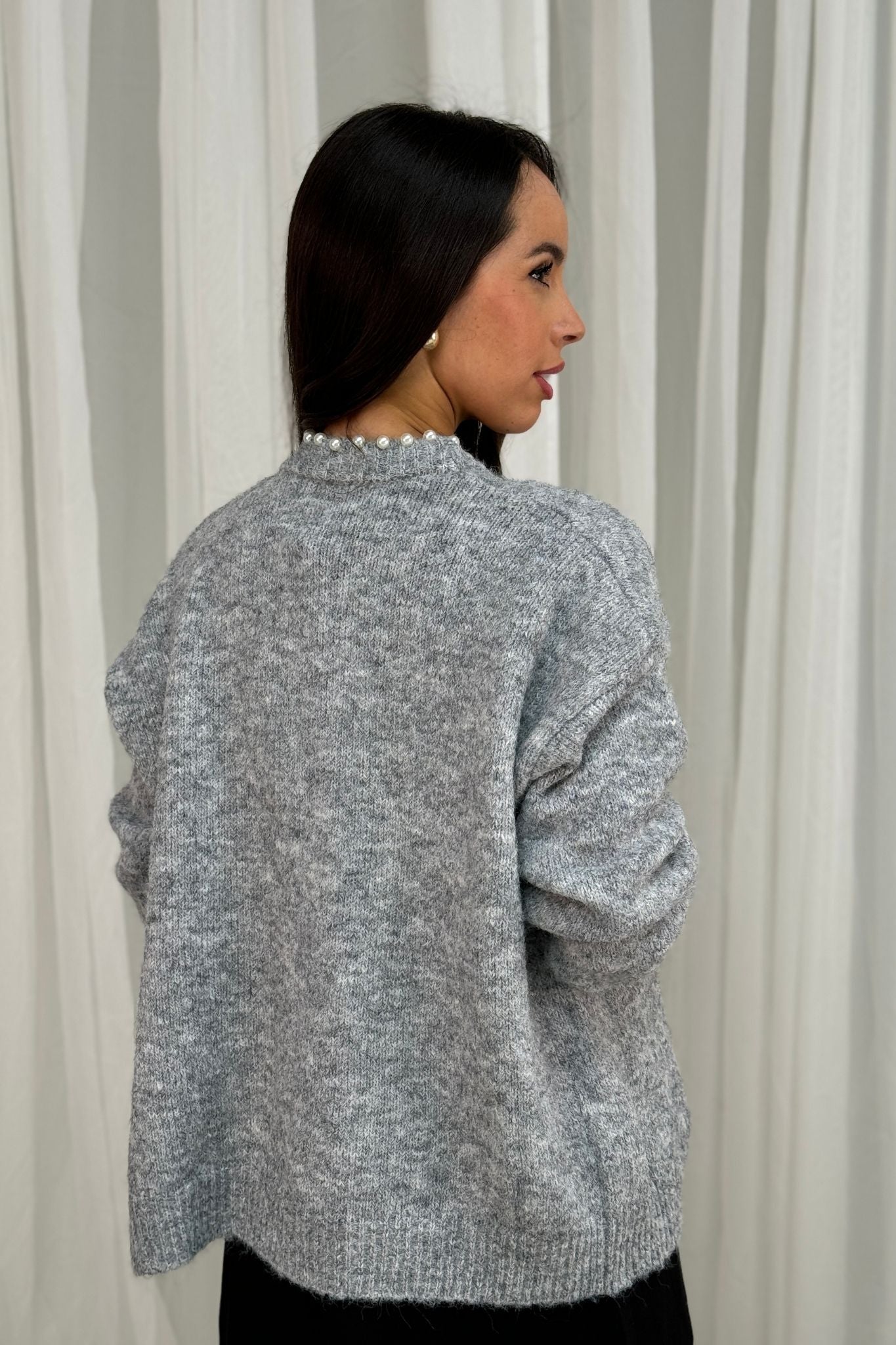 Melanie Pearl Trim Cardigan In Grey