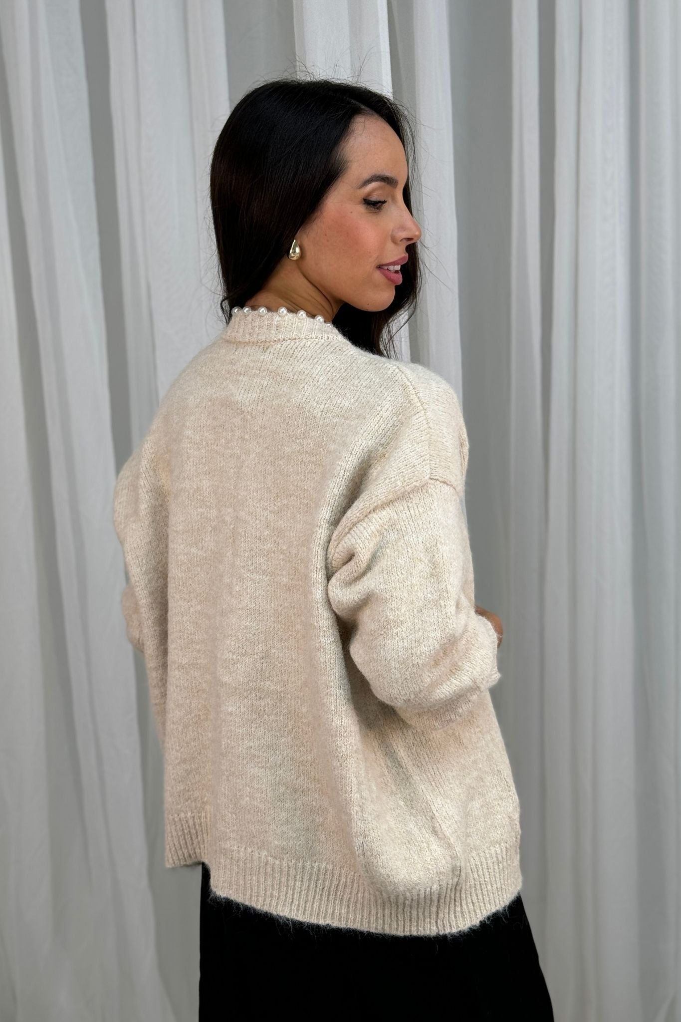 Melanie Pearl Trim Cardigan In Cream