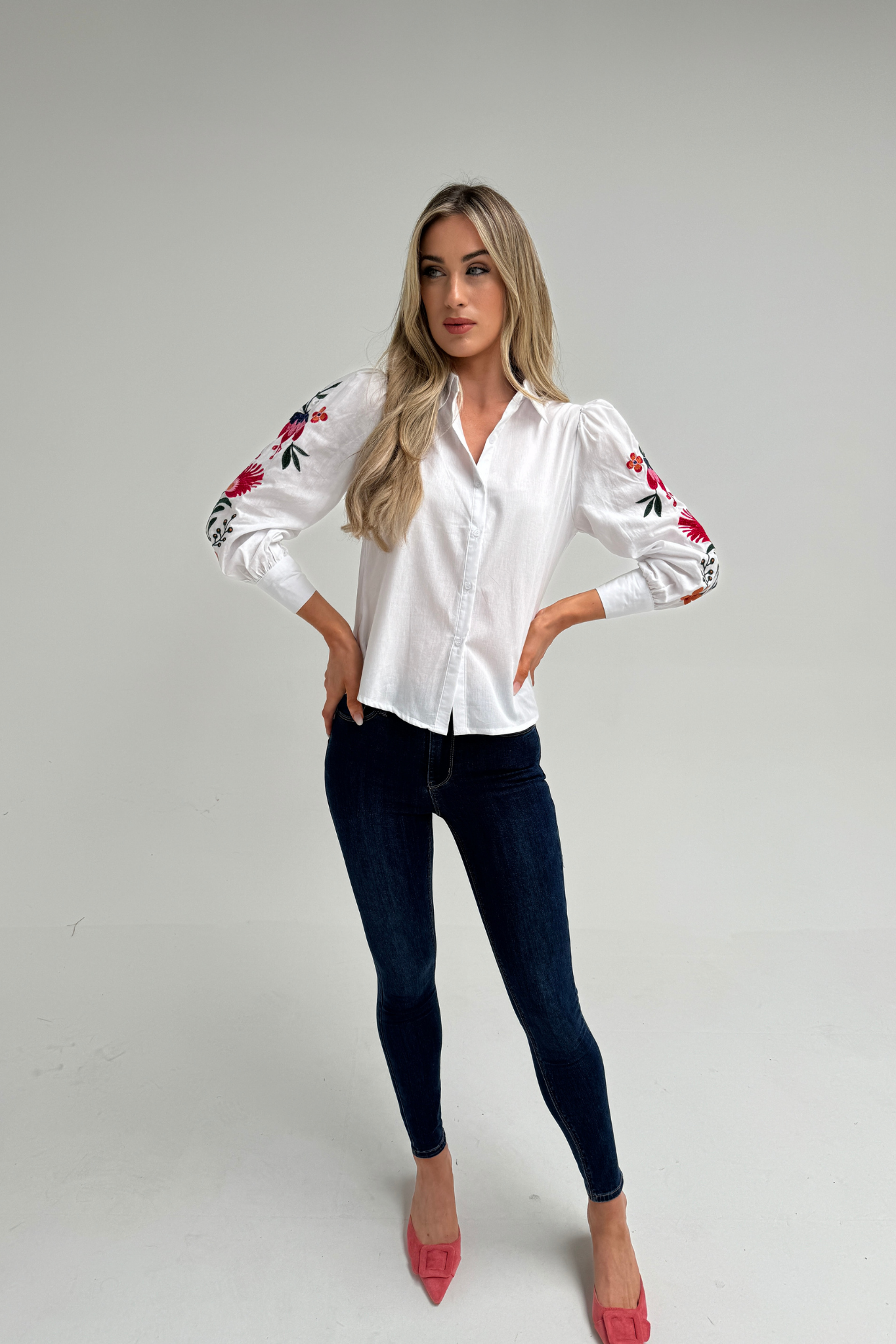 Sally Embroidered Sleeve Shirt In White