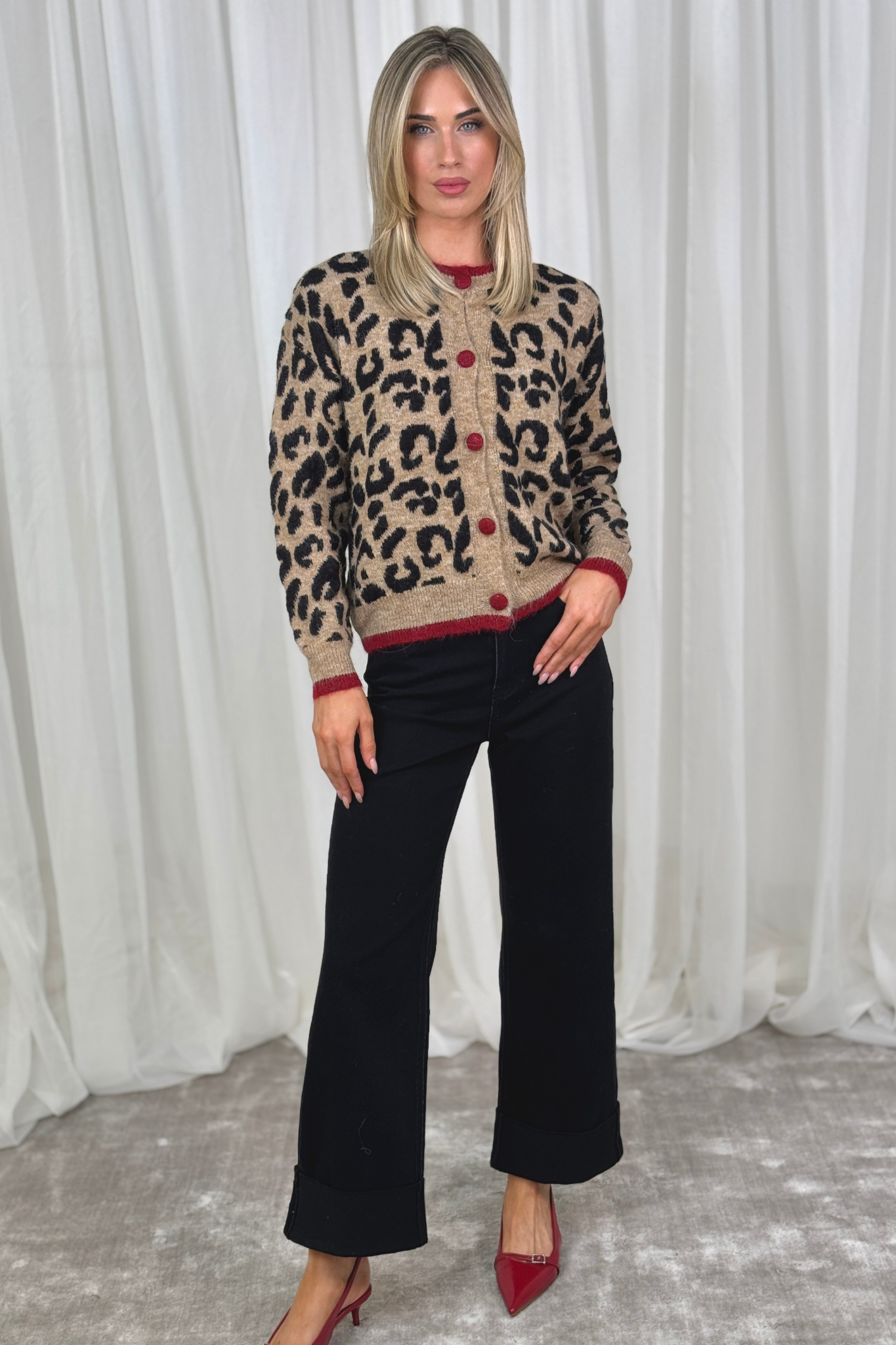 Millie Red Trim Cardigan In Leopard Print