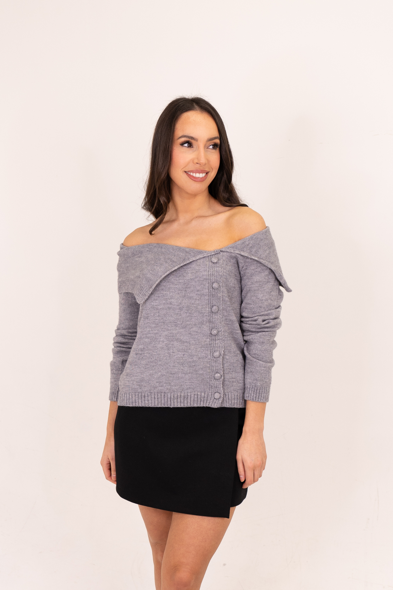 Kiera Asymmetric Bardot Jumper In Grey