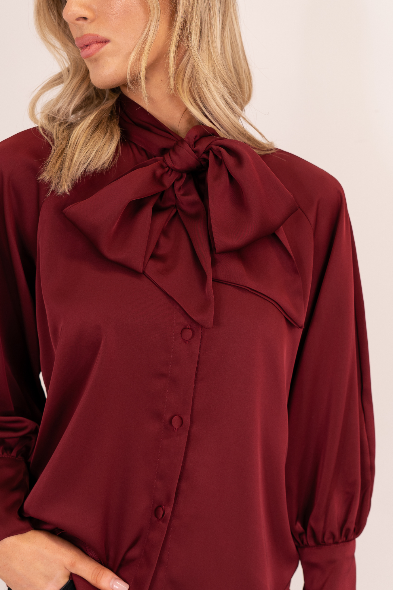 Leah Tie Neck Satin Blouse In Bordeaux