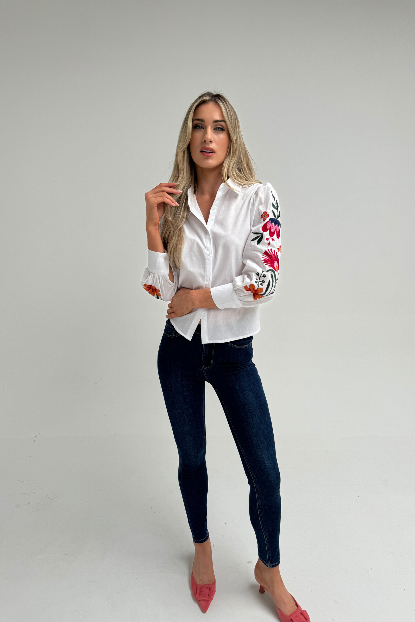 Sally Embroidered Sleeve Shirt In White