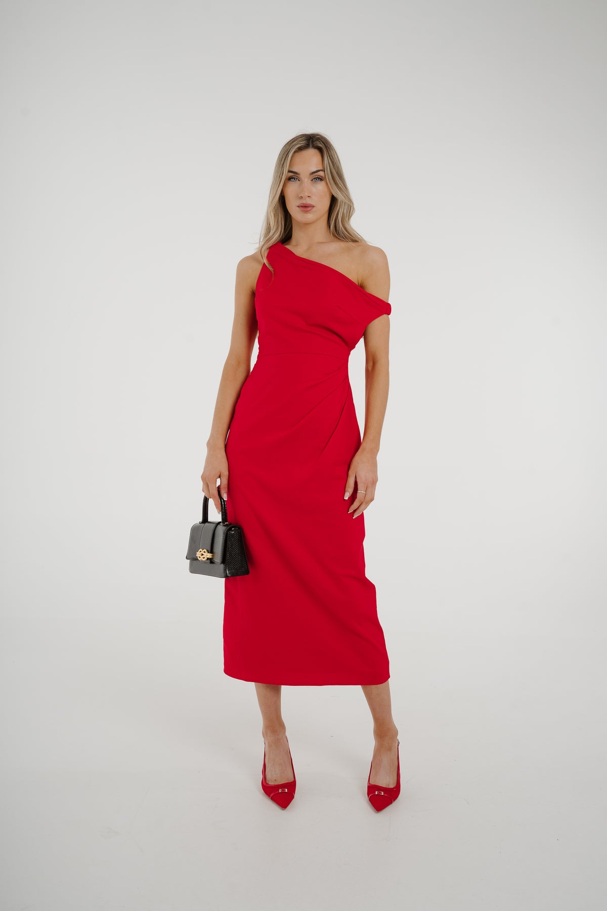 Holly Asymmetric Shoulder Midi Dress In Red
