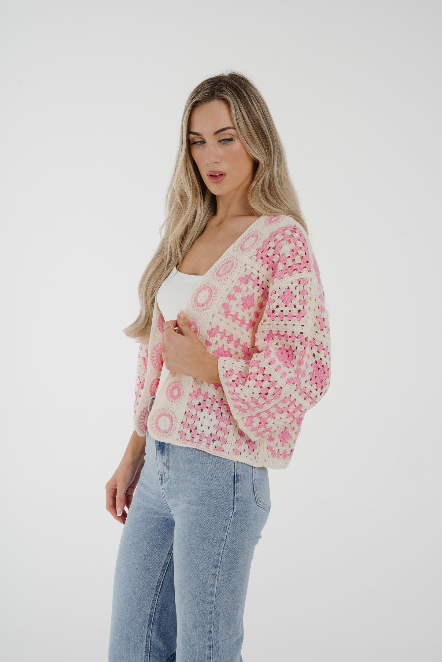 Ella Crochet Cardigan In Pink Mix