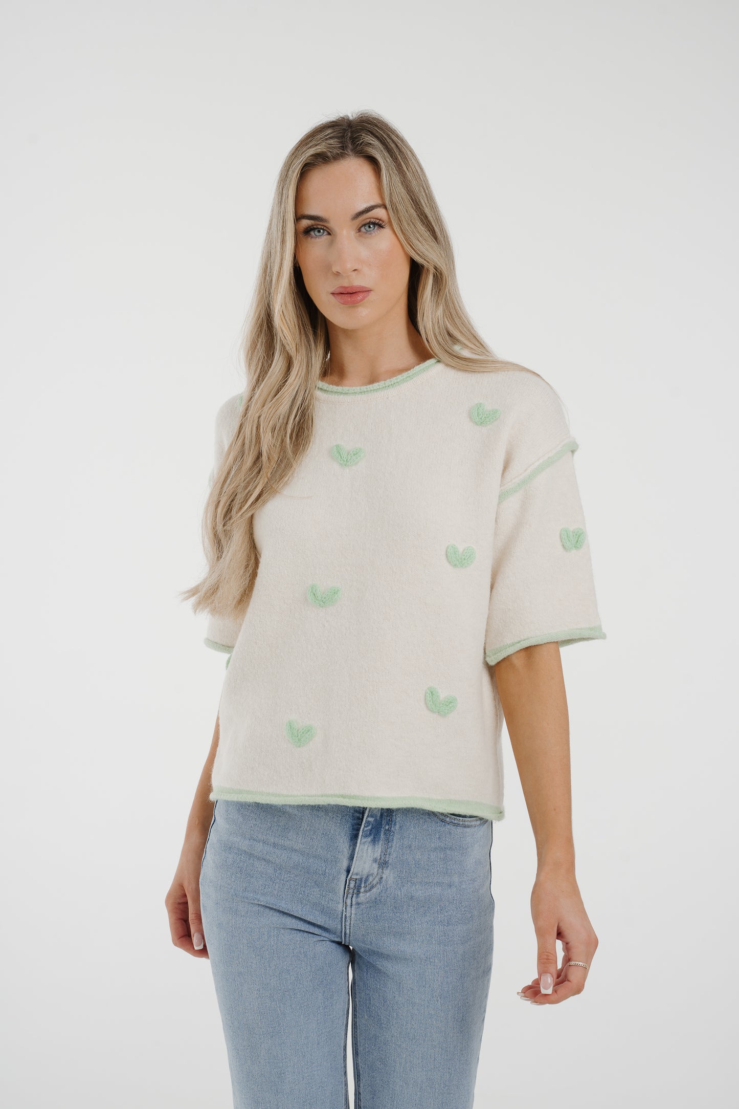 Ally Heart Detail Knit Jumper In Green Mix