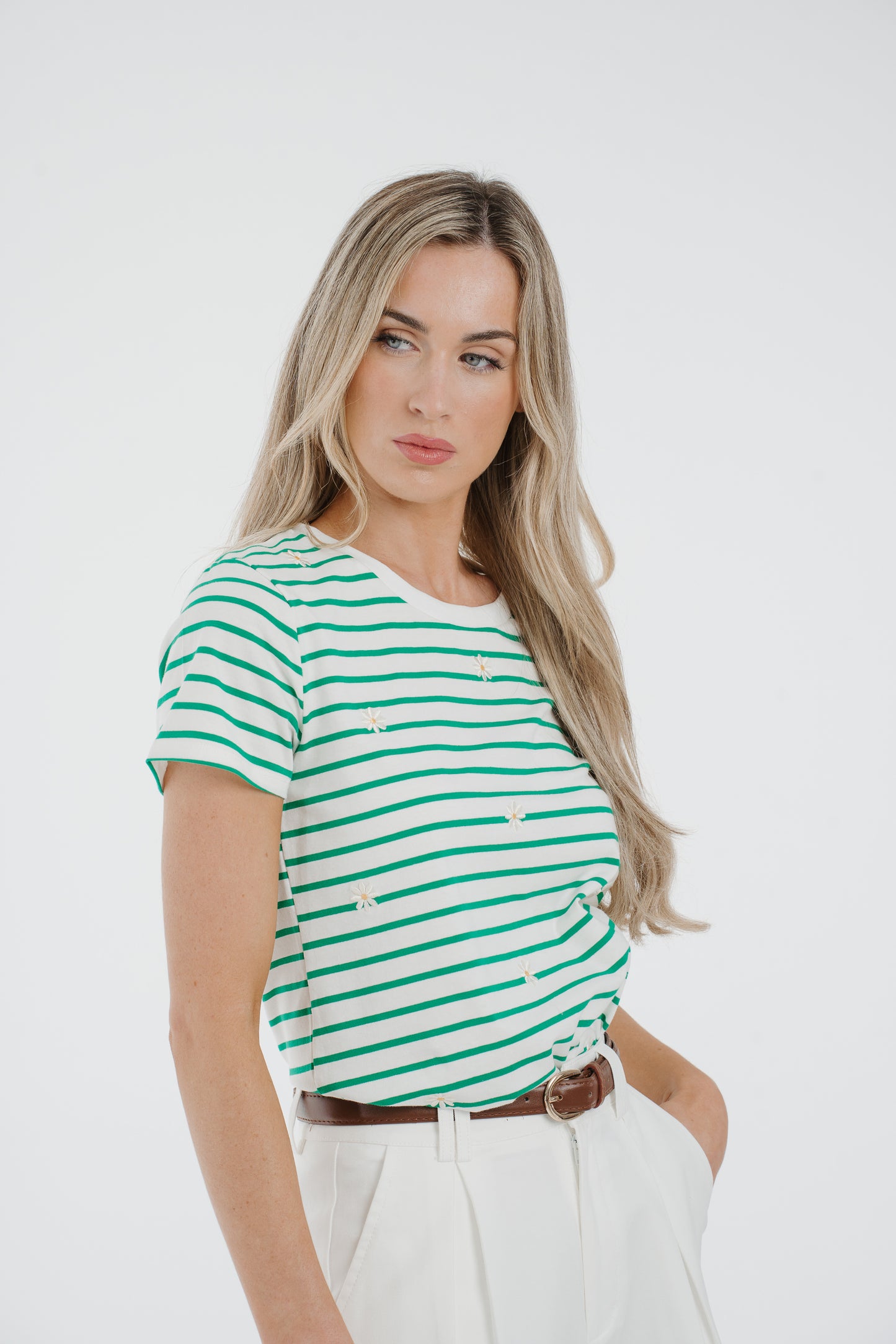 Polly Embroidered Striped T-Shirt In Green