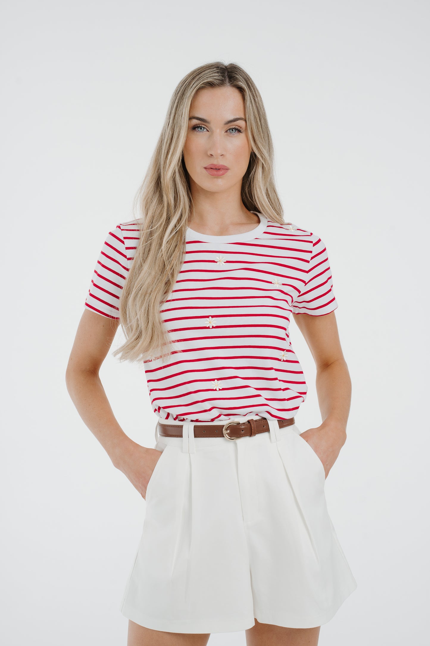 Polly Embroidered Striped T-Shirt In Red