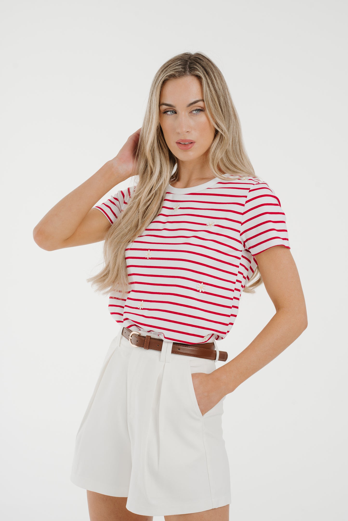 Polly Embroidered Striped T-Shirt In Red