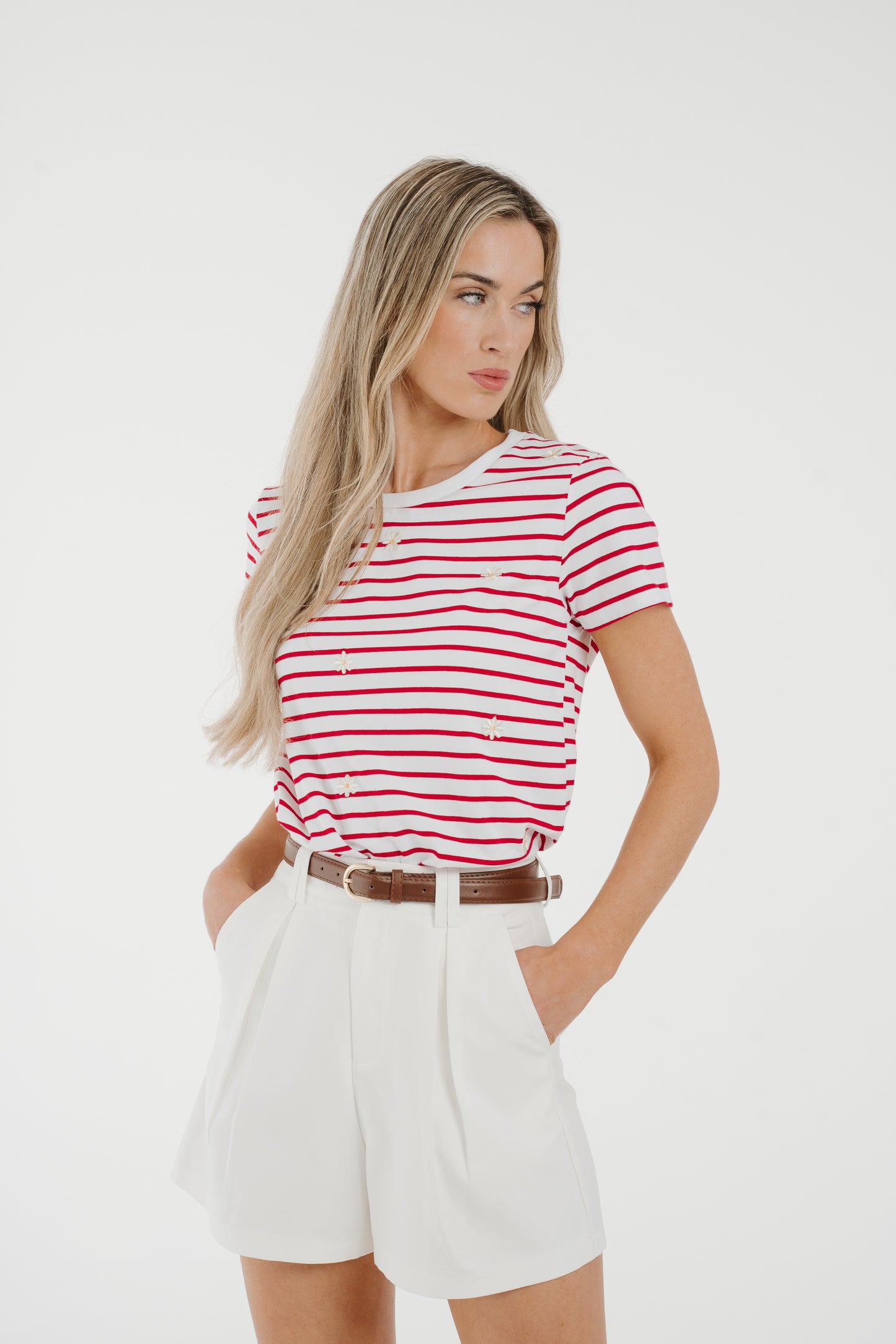 Polly Embroidered Striped T-Shirt In Red