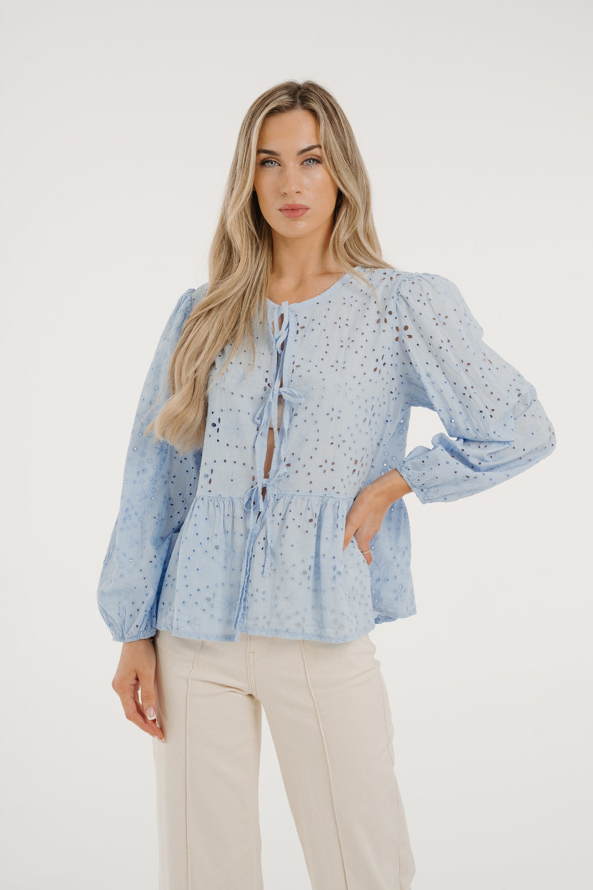 Poppy Embroidered Bow Front Blouse In Blue