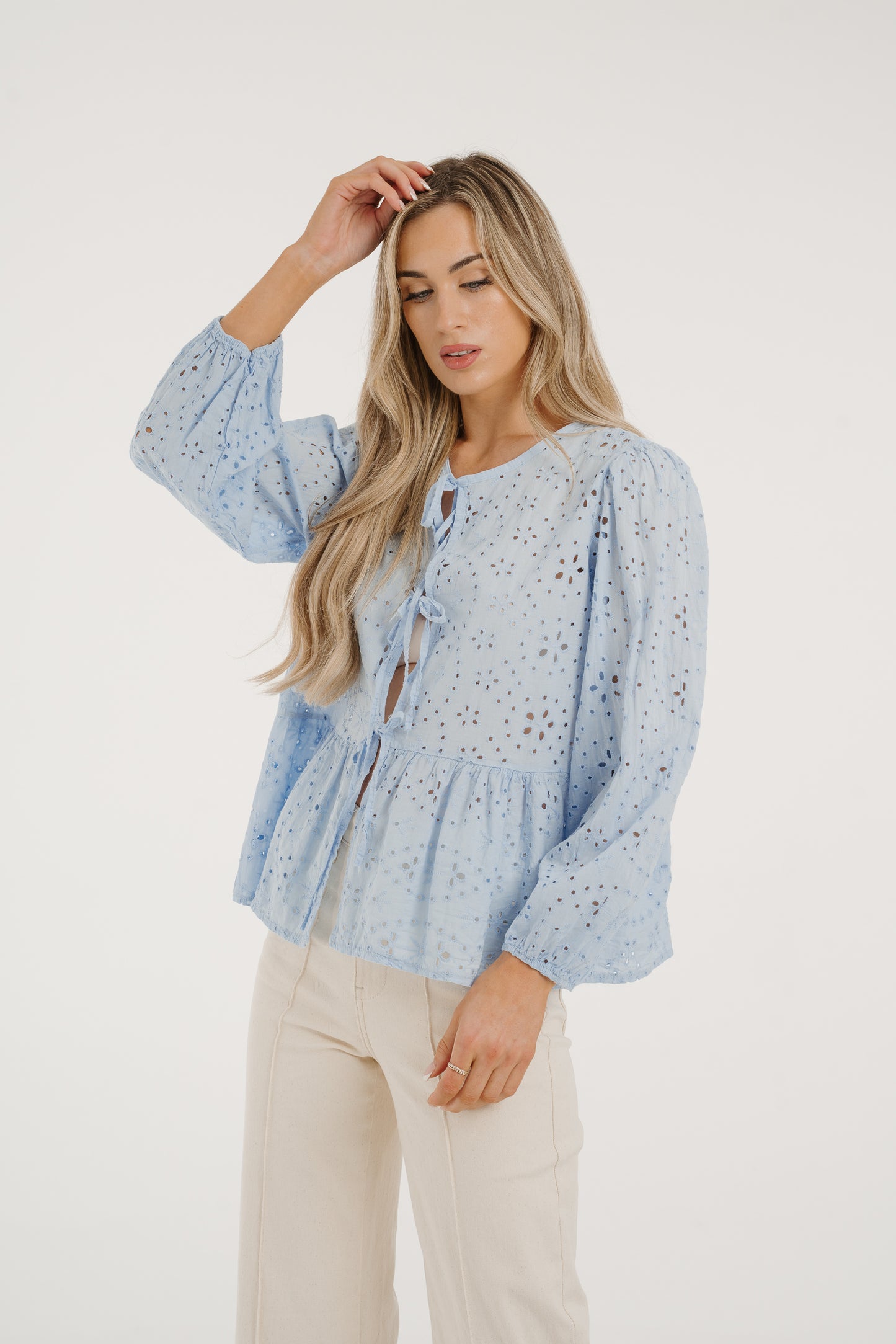 Poppy Embroidered Bow Front Blouse In Blue