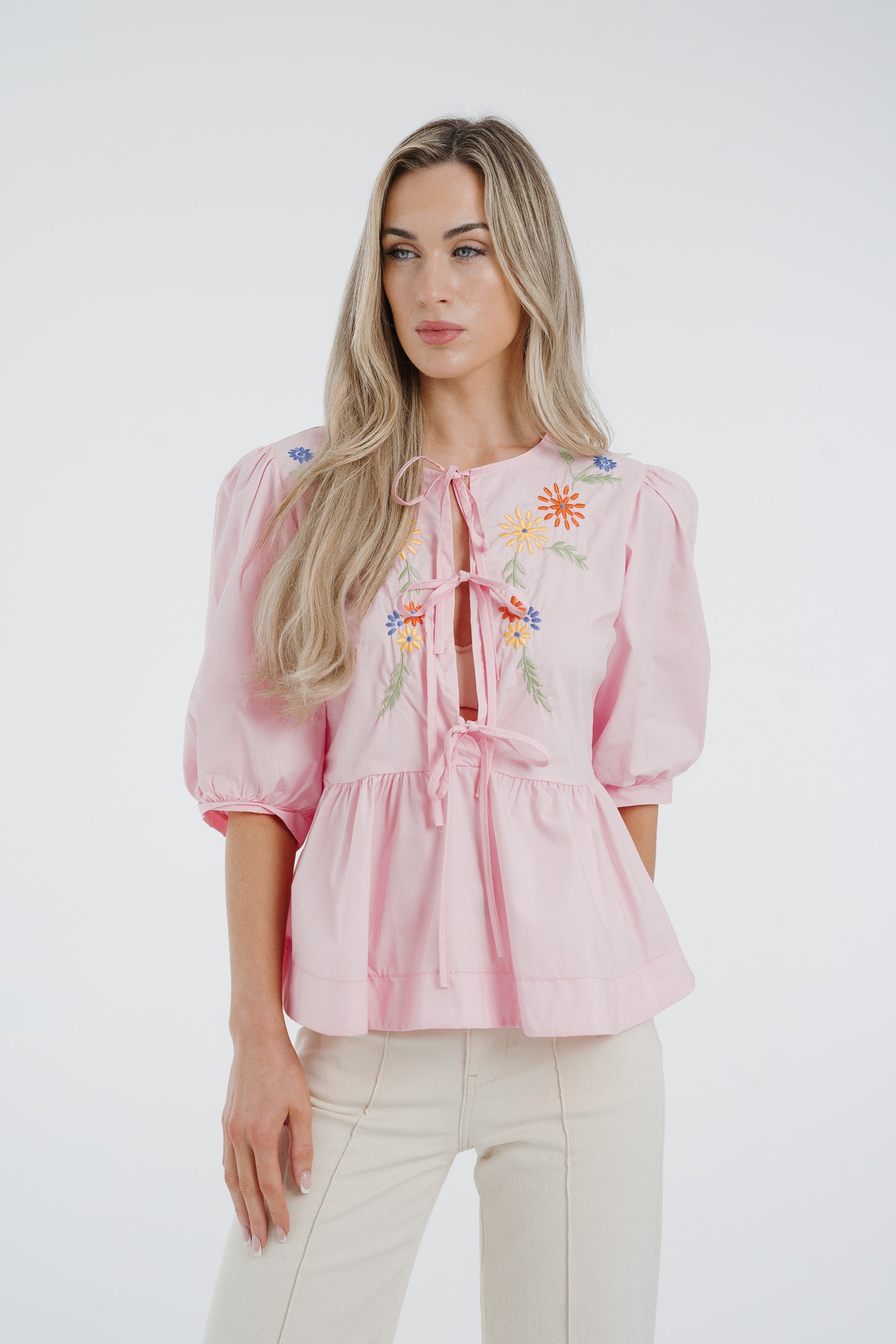 Leona Floral Bow Front Blouse In Pink