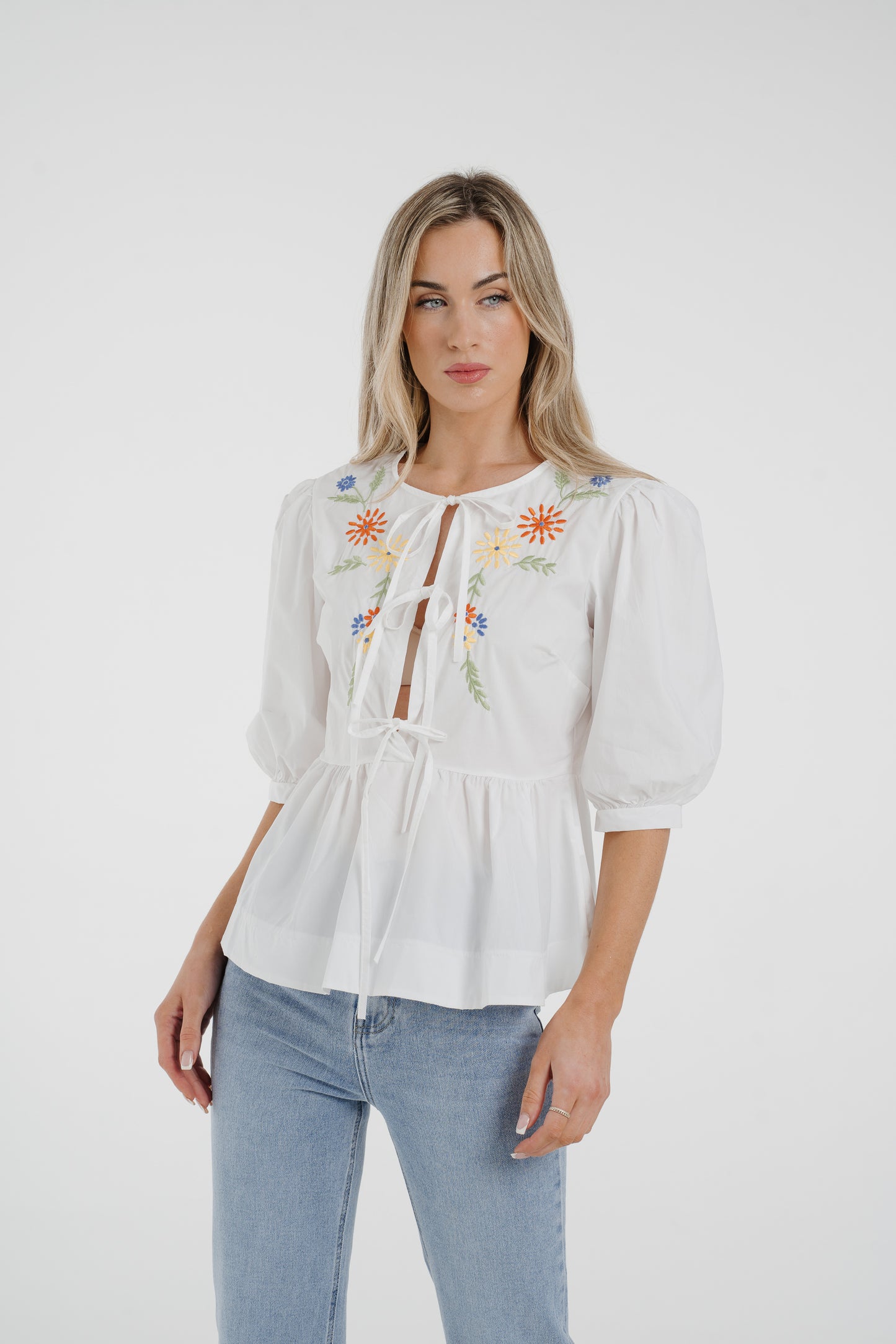 Leona Floral Bow Front Blouse In White