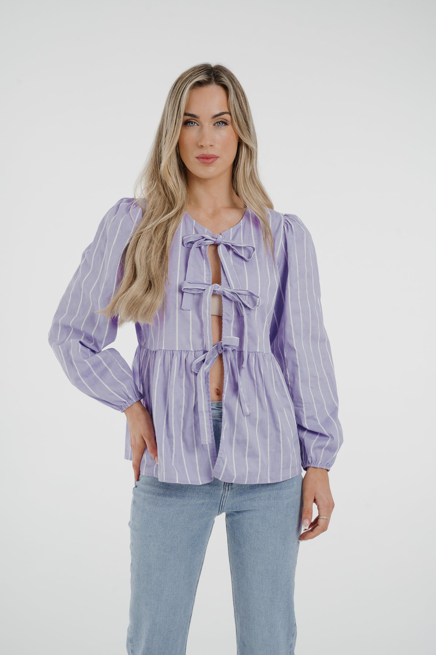 Leona Striped Bow Front Blouse In Lilac