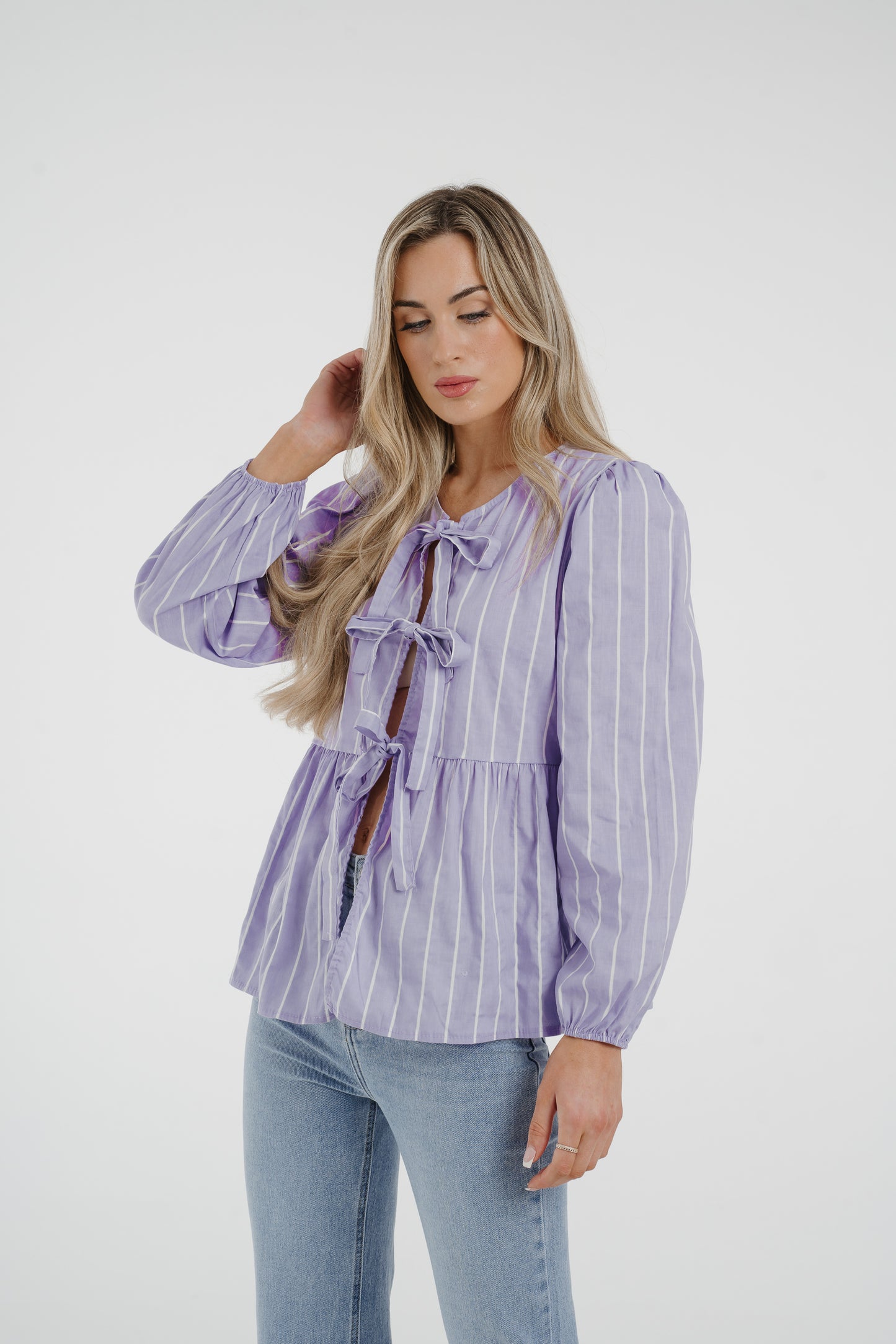 Leona Striped Bow Front Blouse In Lilac