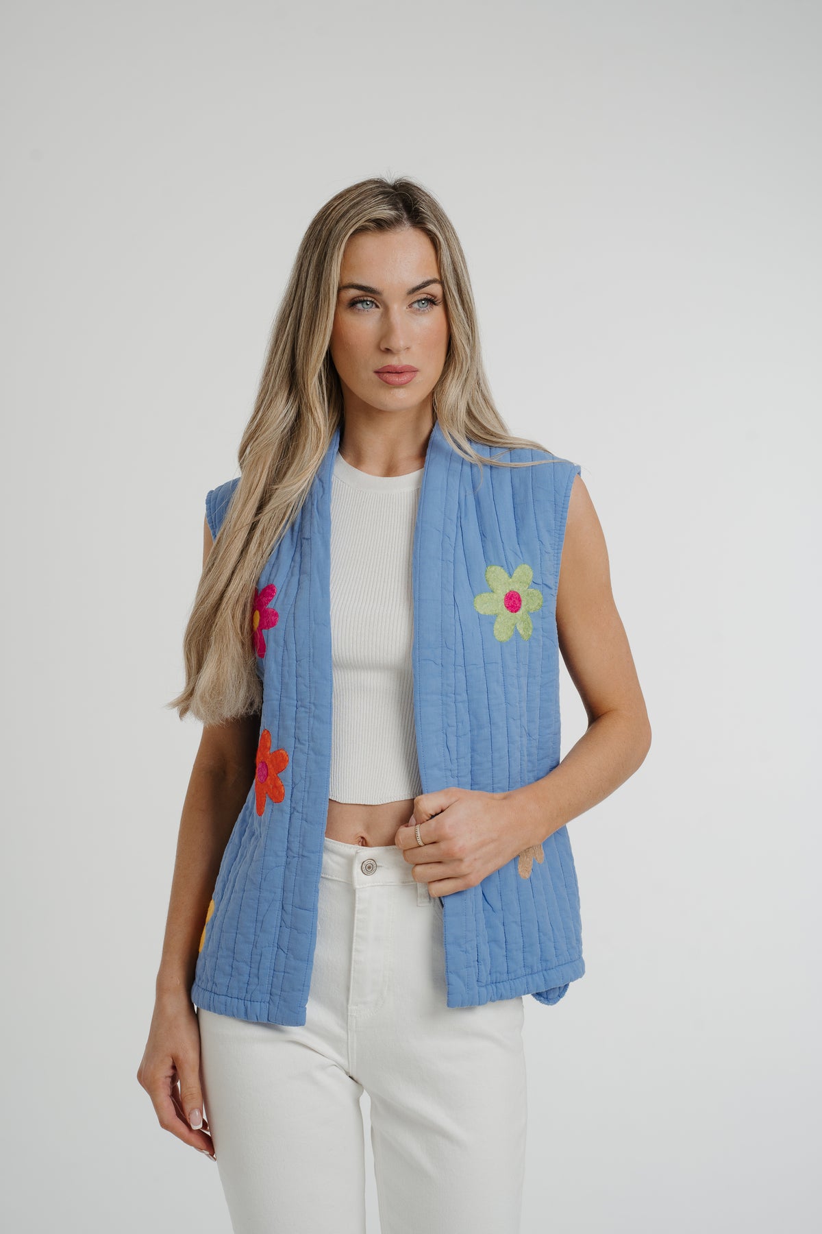 Poppy Floral Quilted Gilet In Blue