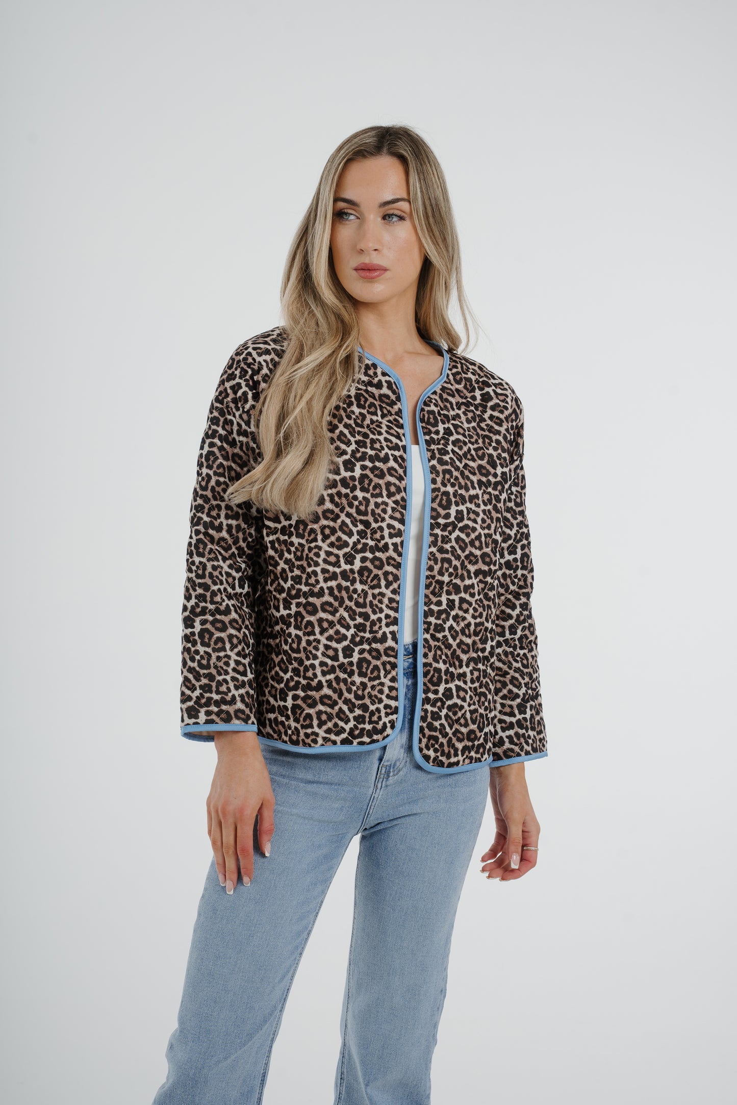 Lynne Blue Trim Quilted Jacket In Leopard Print