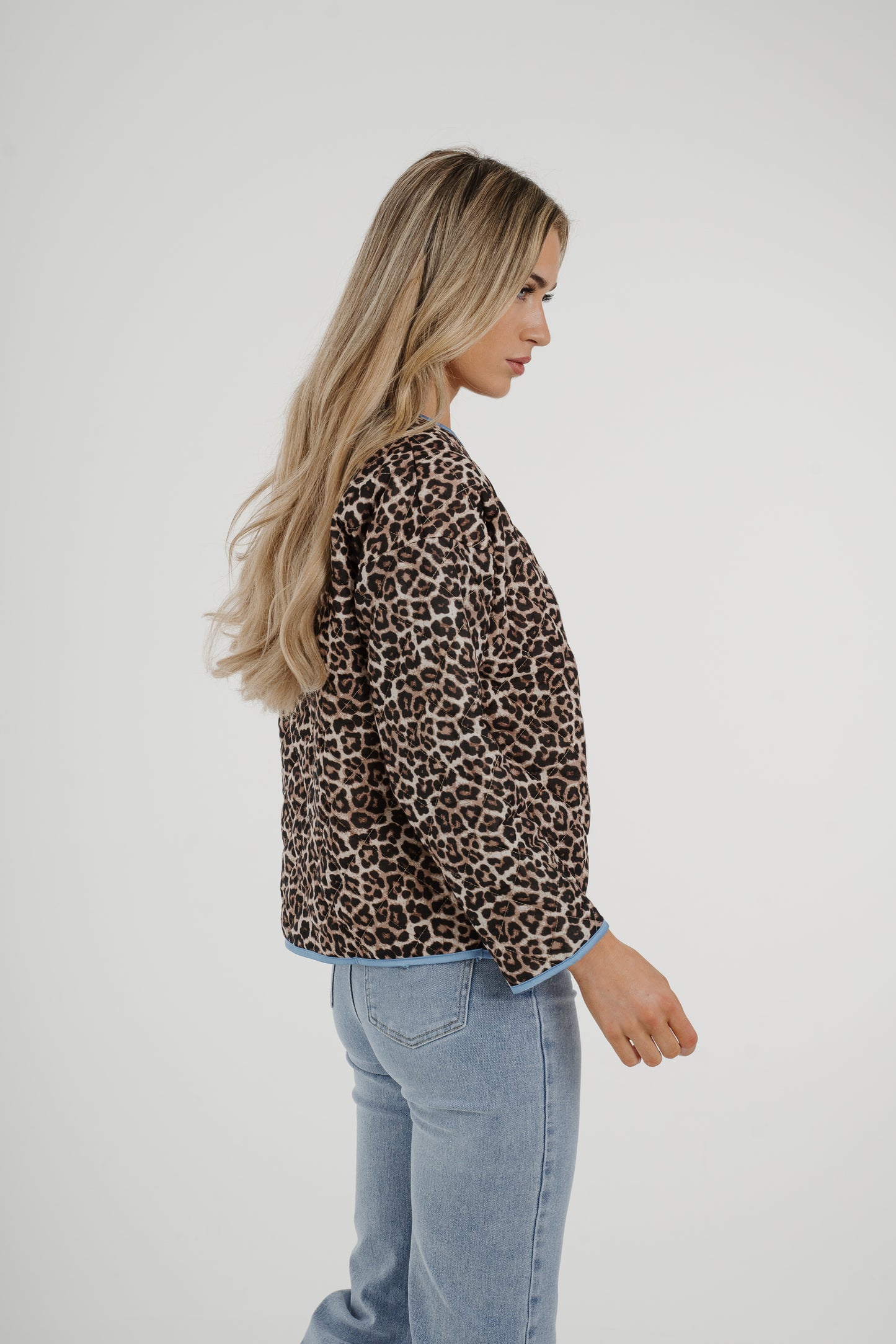 Lynne Blue Trim Quilted Jacket In Leopard Print