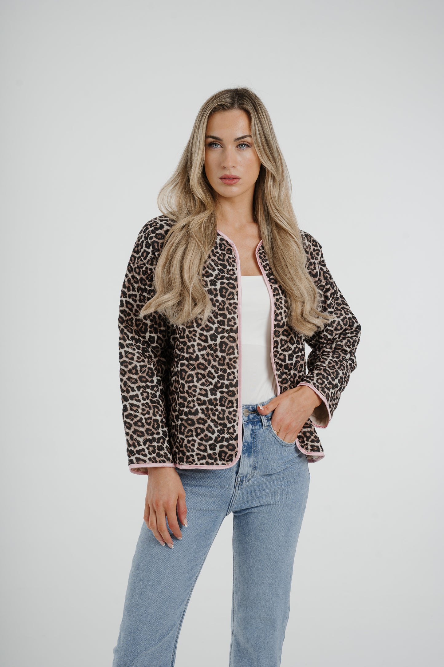 Lynne Pink Trim Quilted Jacket In Leopard Print