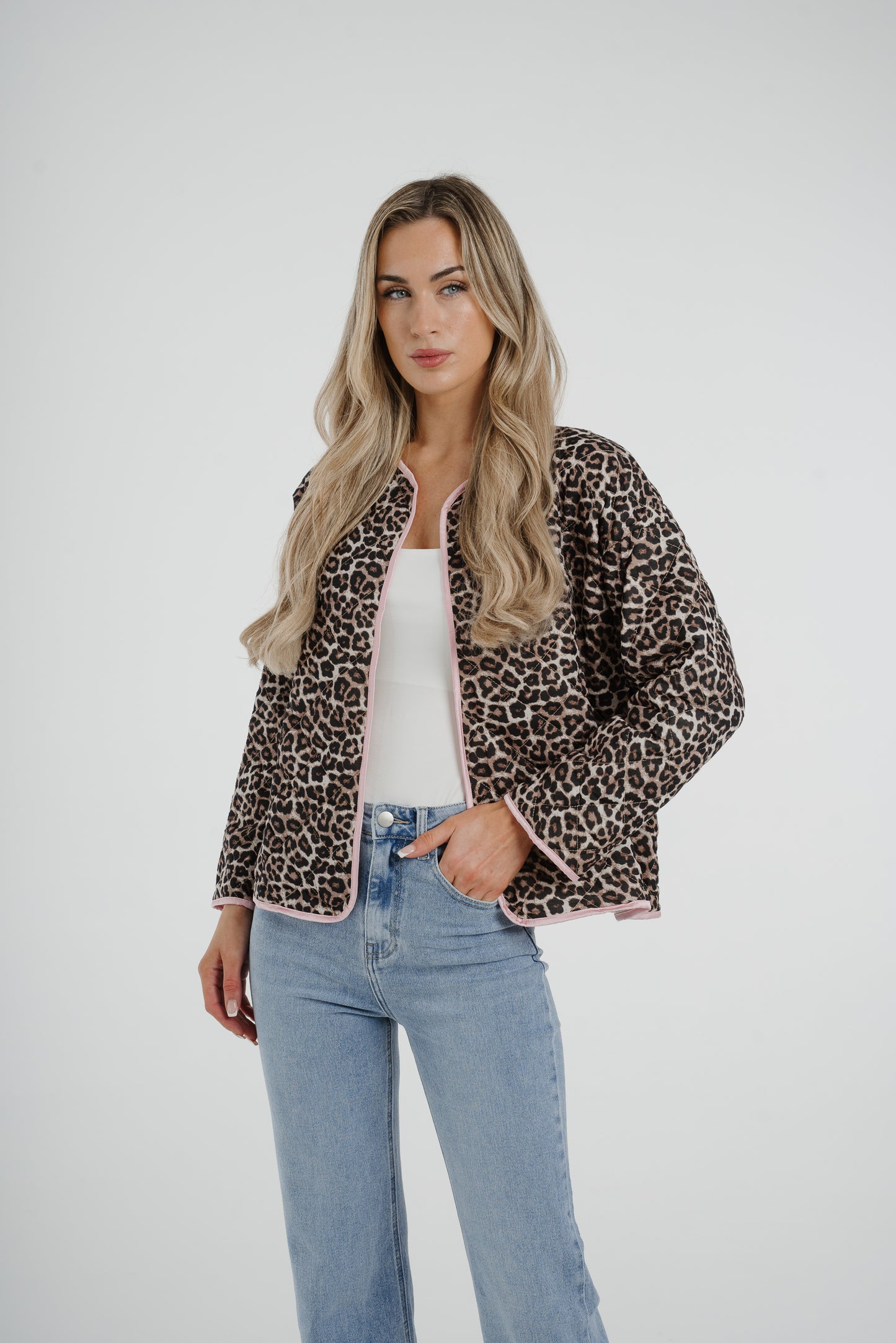 Lynne Pink Trim Quilted Jacket In Leopard Print