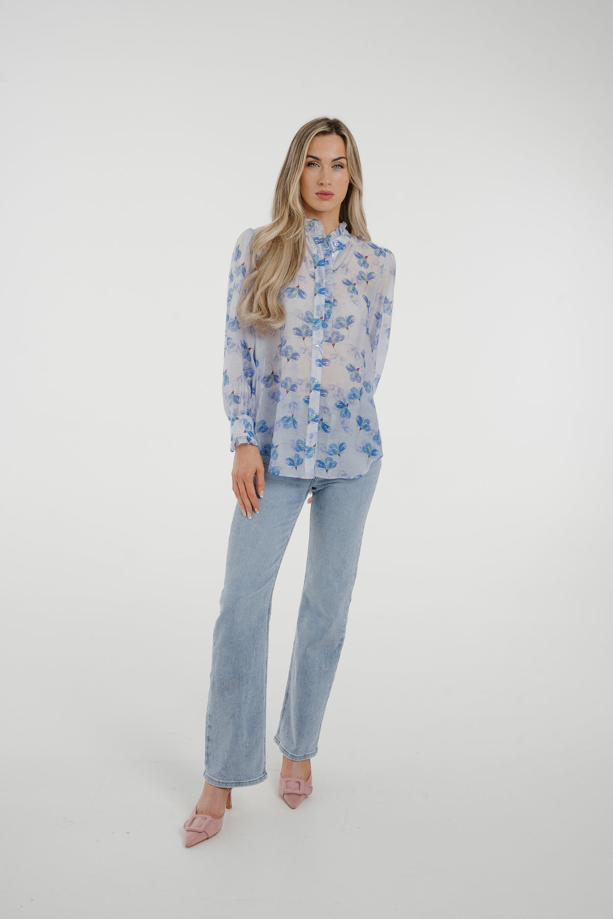Arabella Frill Collar Blouse In Blue Floral