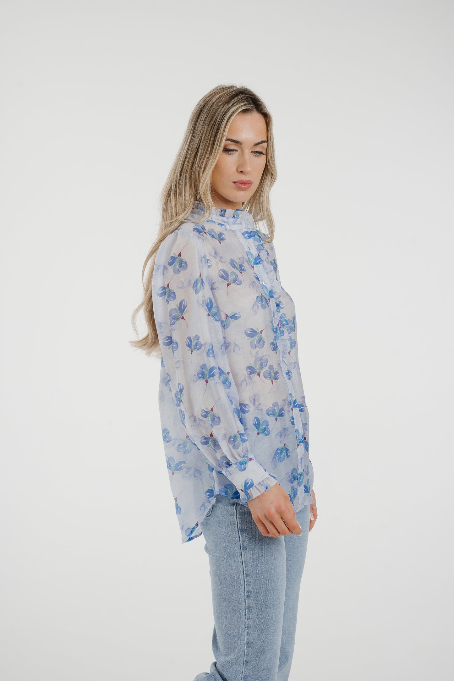 Arabella Frill Collar Blouse In Blue Floral