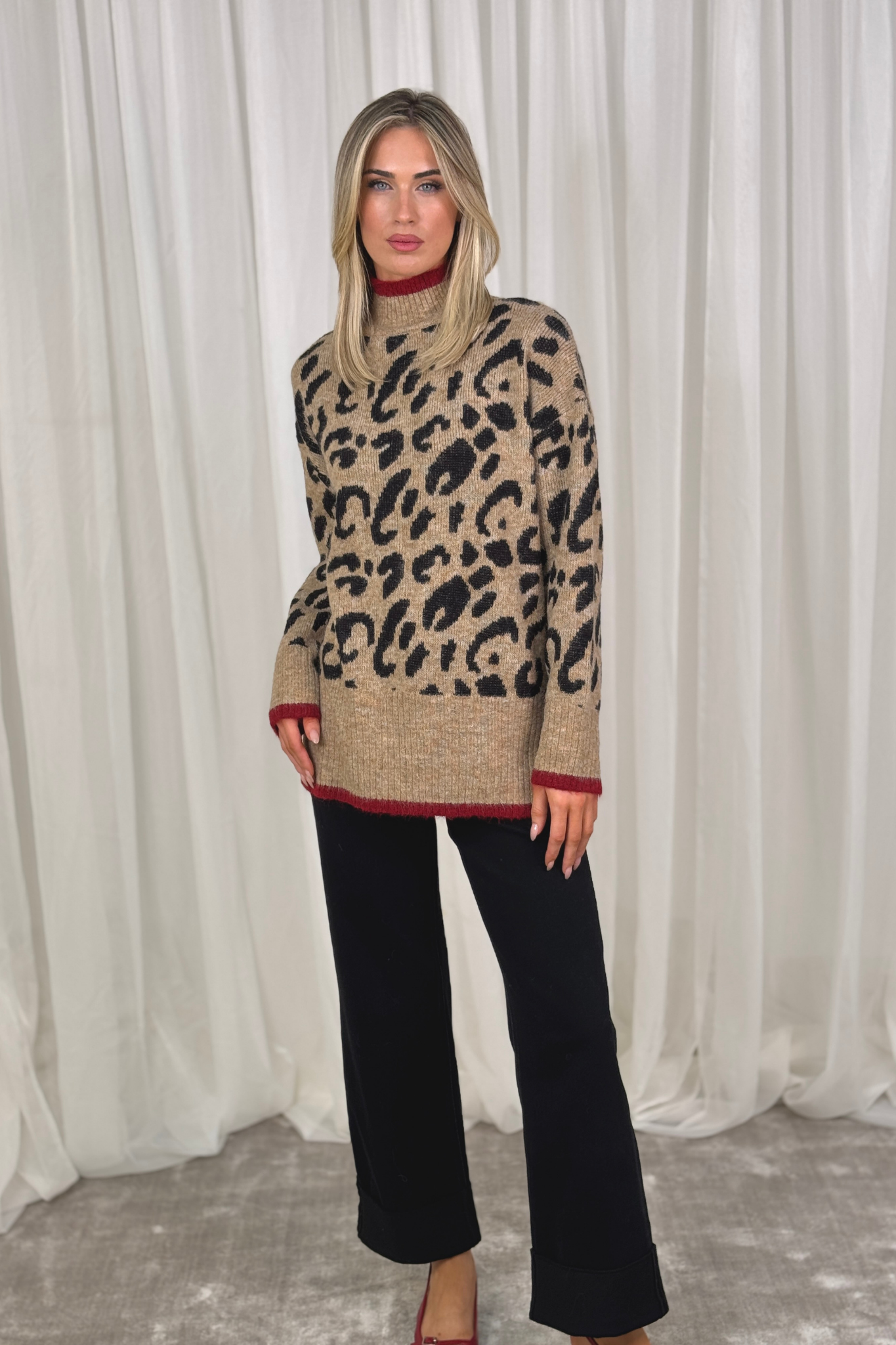 Millie Red Trim Jumper In Leopard Print