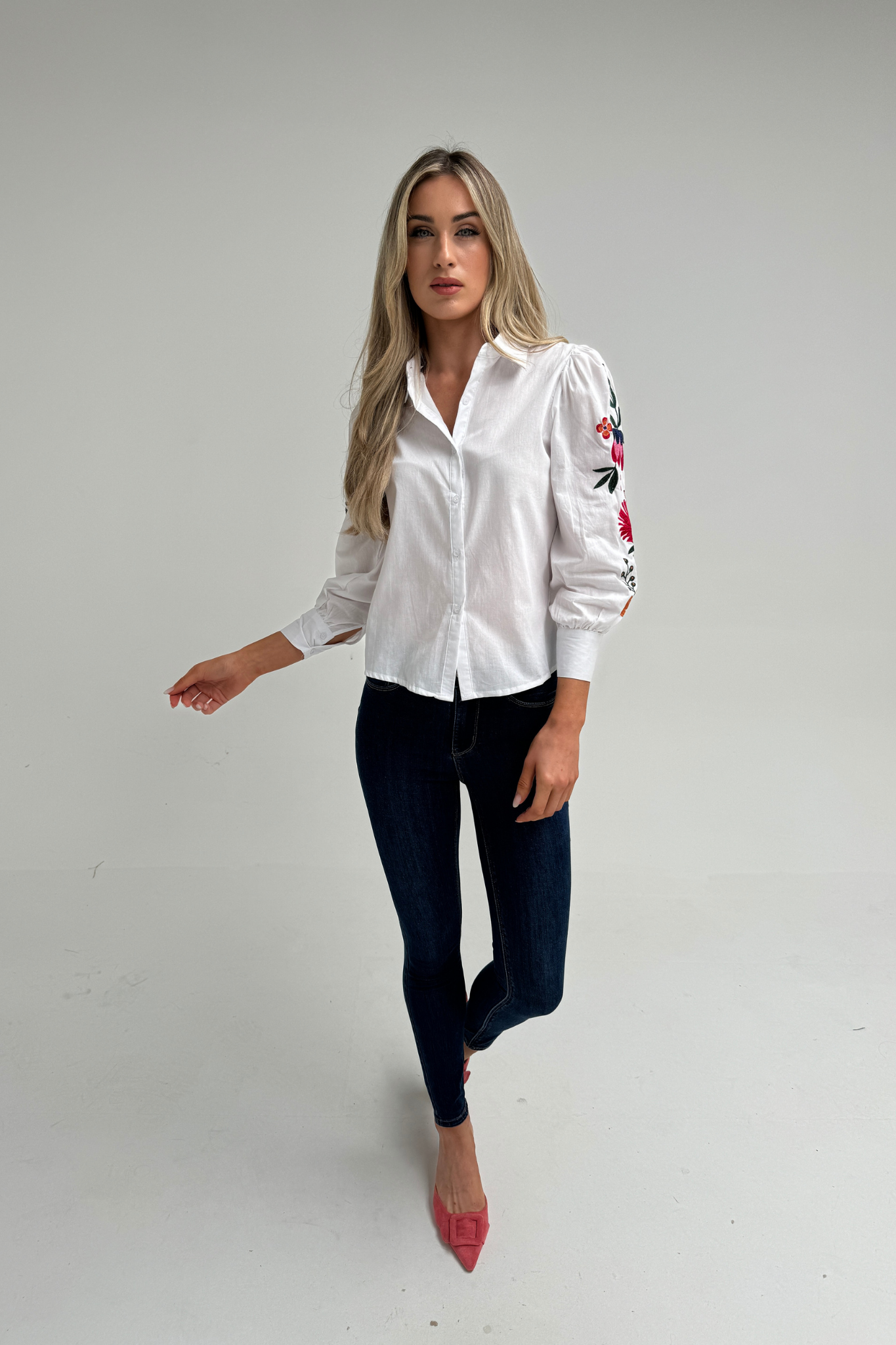 Sally Embroidered Sleeve Shirt In White