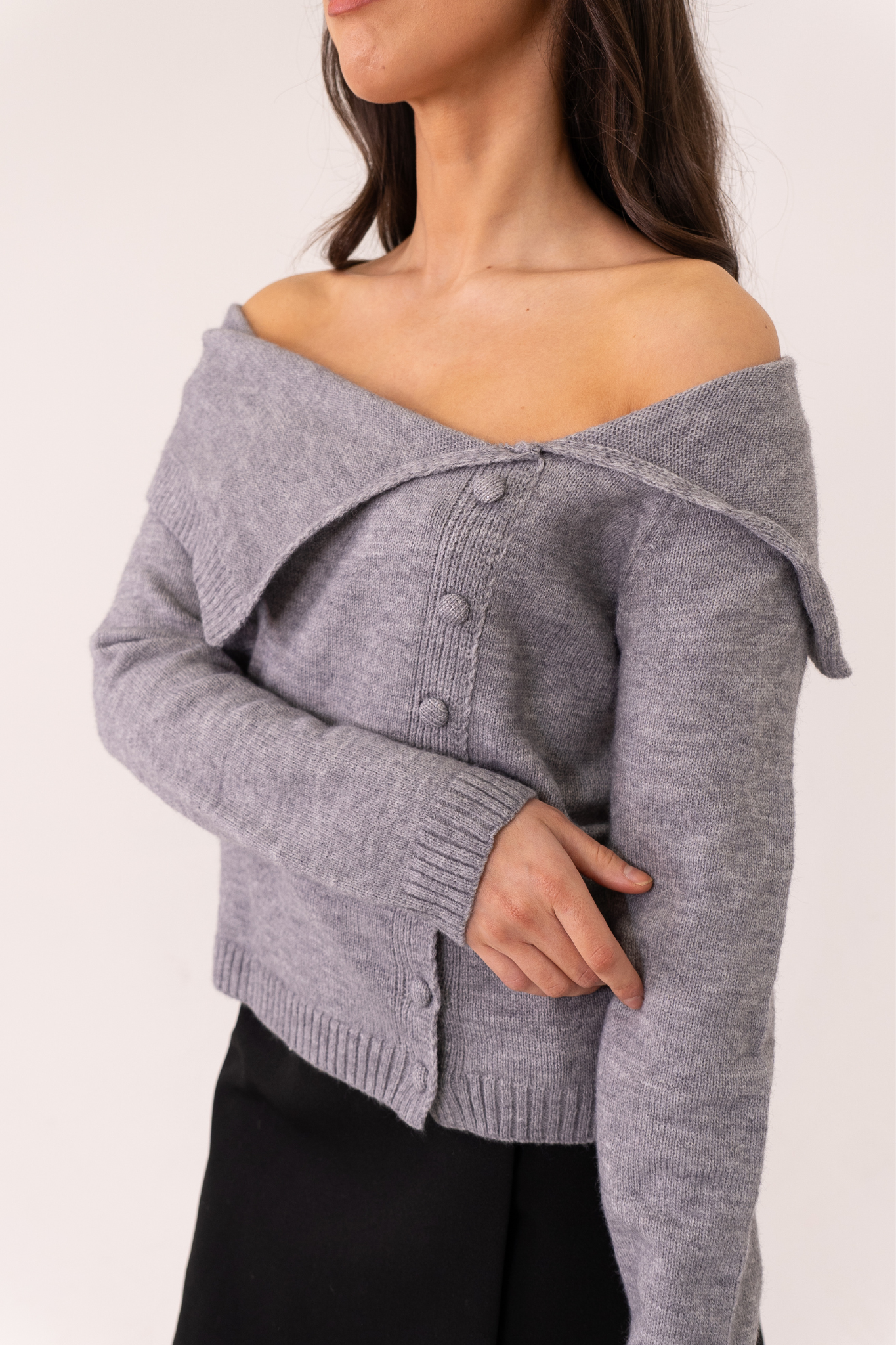 Kiera Asymmetric Bardot Jumper In Grey