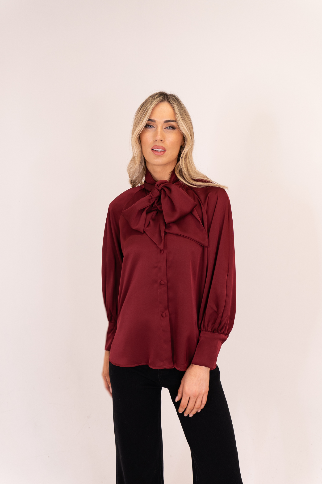 Leah Tie Neck Satin Blouse In Bordeaux