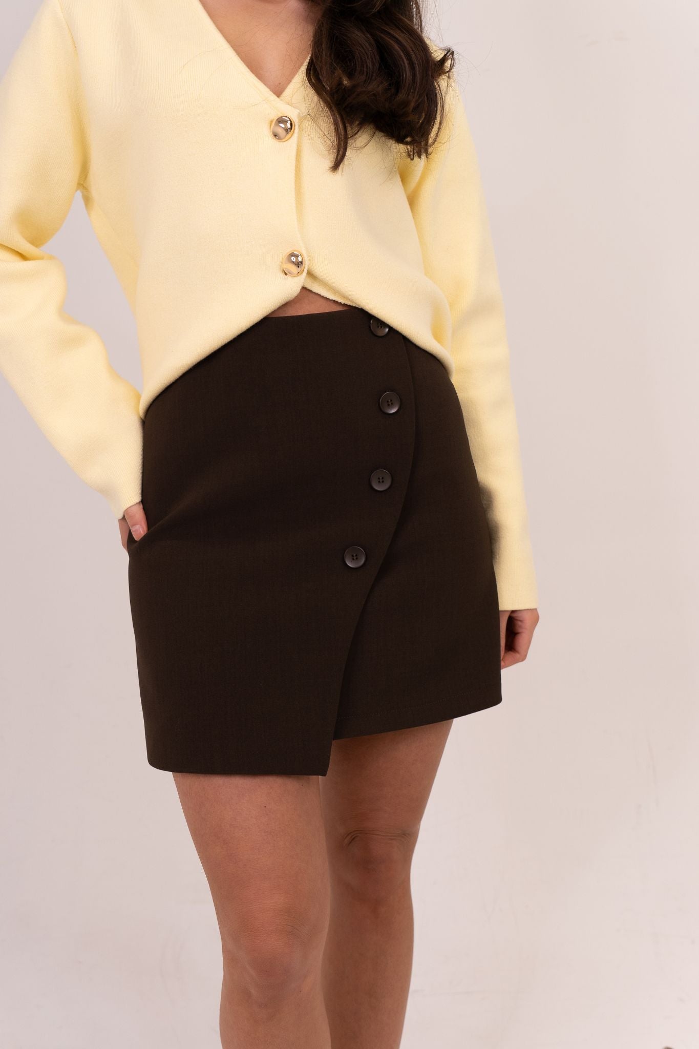 Kiera Asymmetric Button Skirt In Chocolate