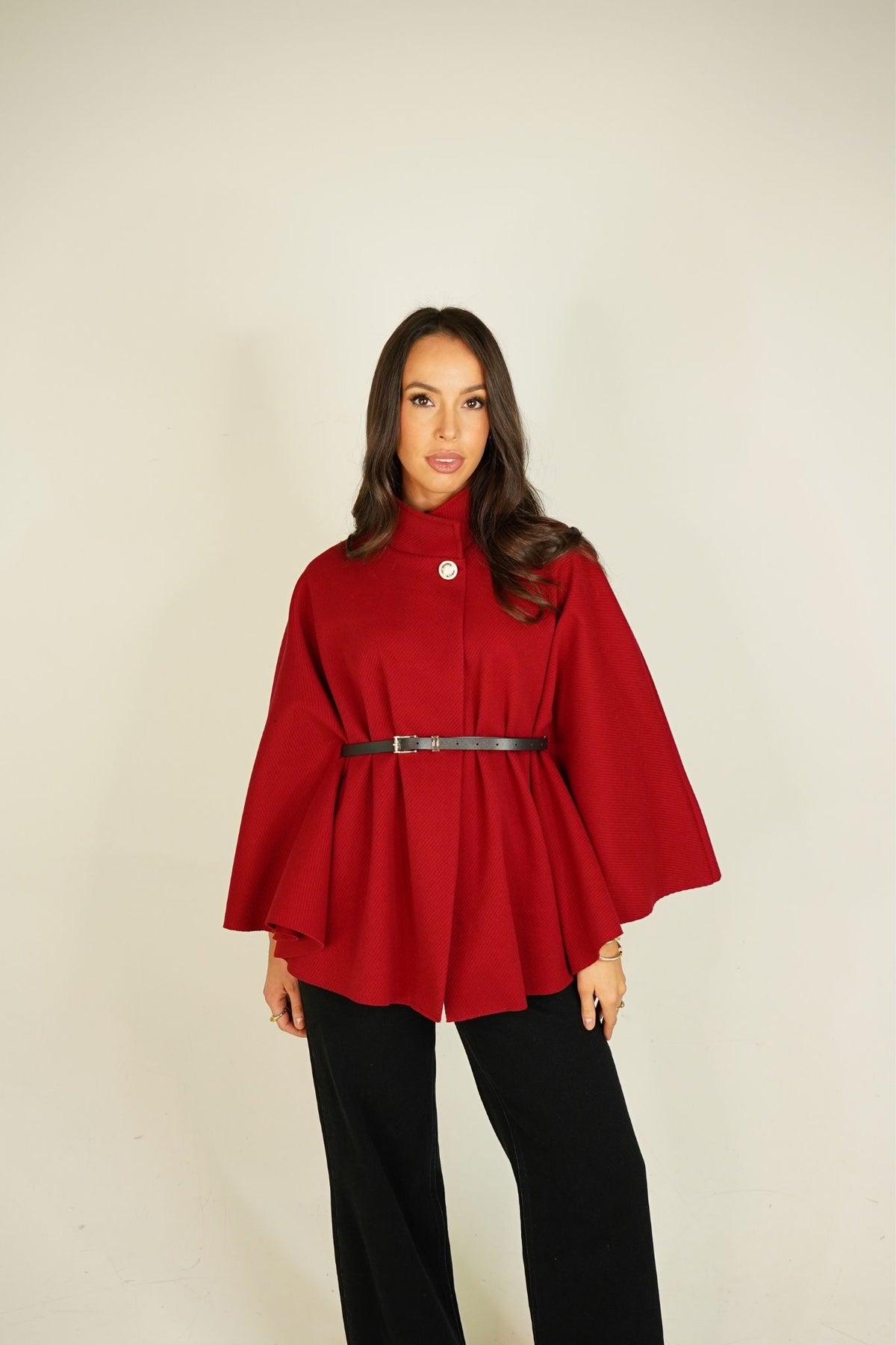 Leah Belted Cape Jacket In Burgundy