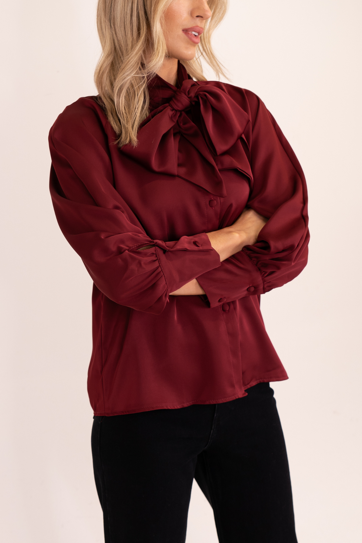 Leah Tie Neck Satin Blouse In Bordeaux