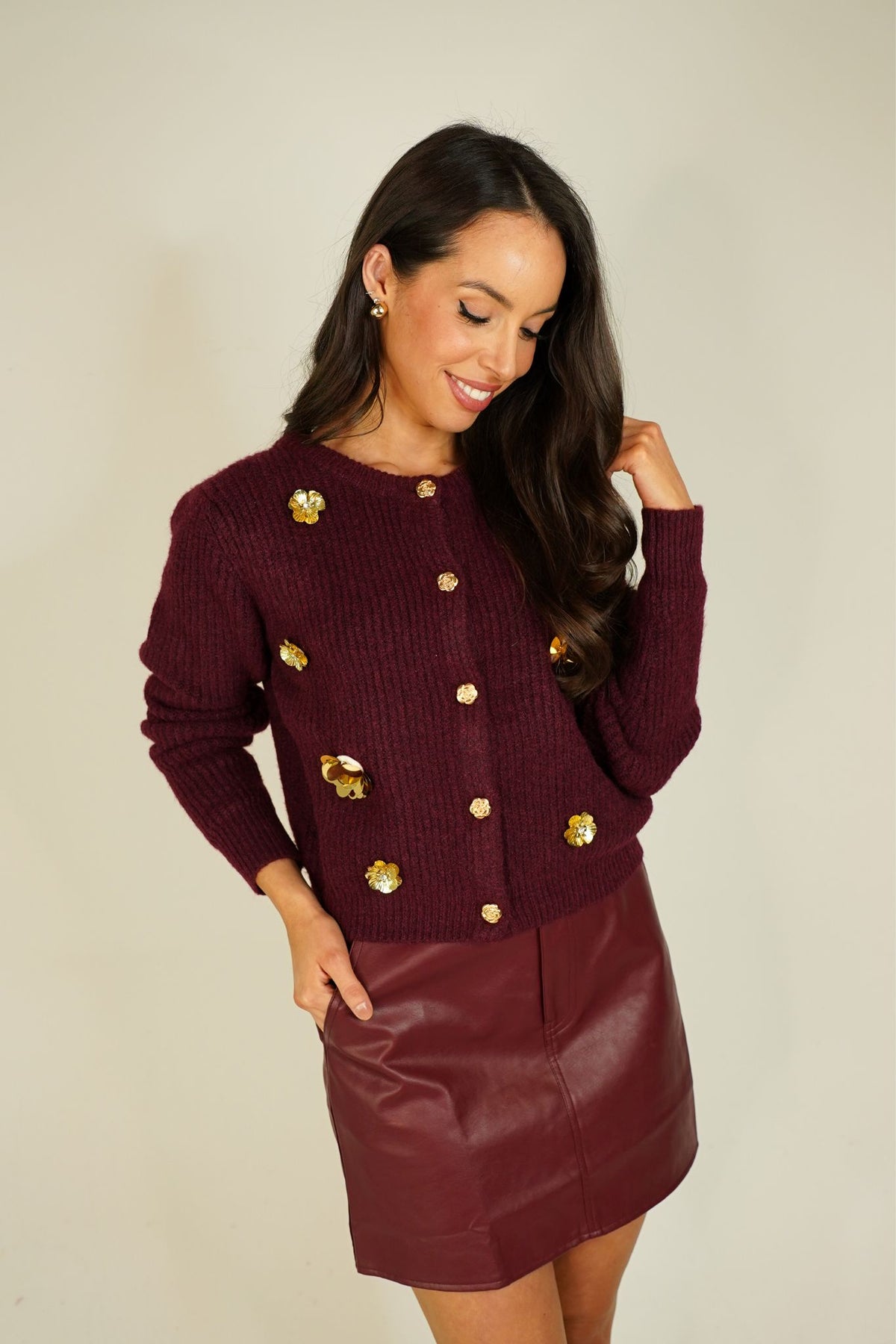 Lydia Embellished Cardigan In Bordeaux