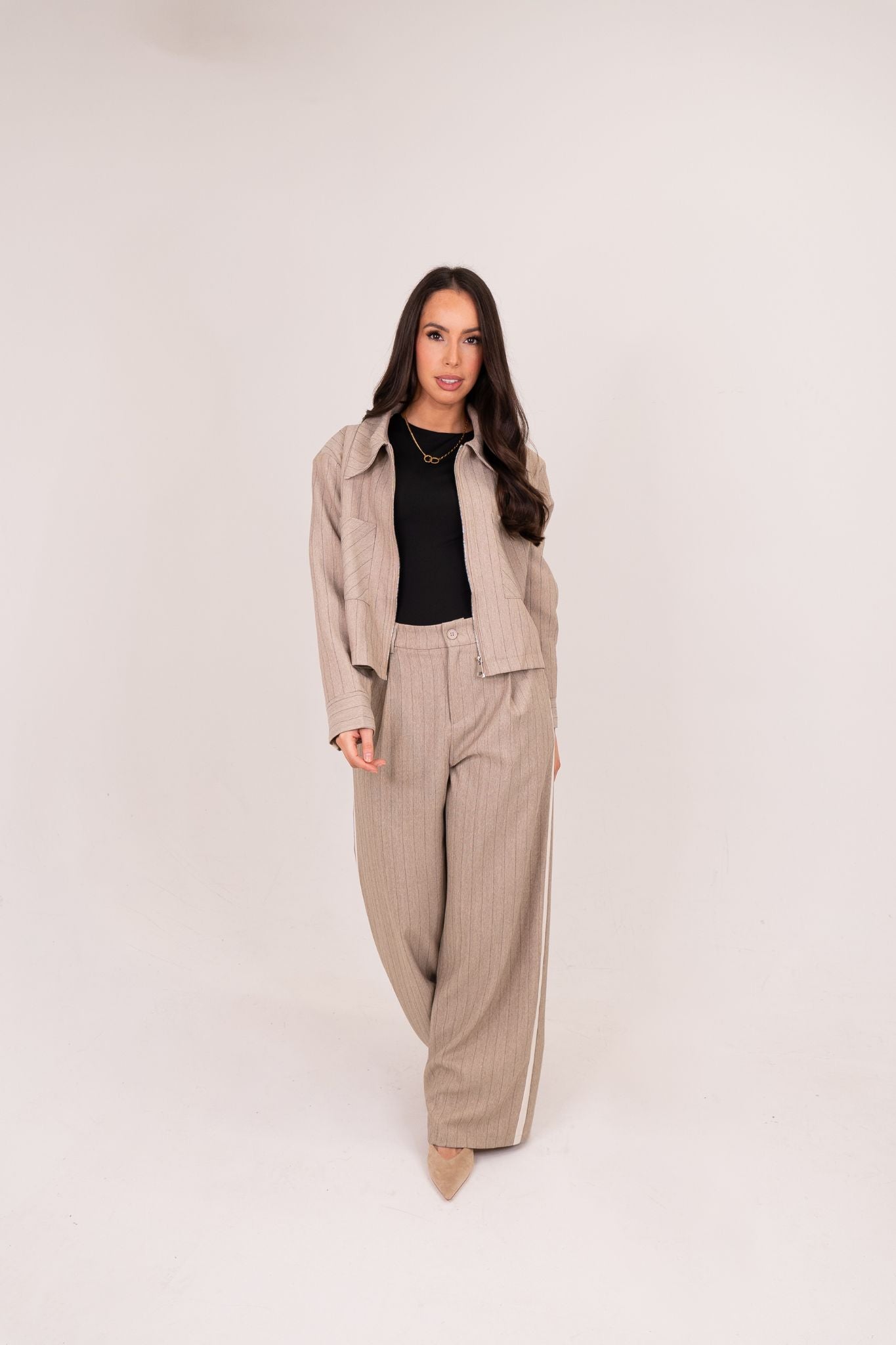 Kiera Pinstripe Trousers In Taupe