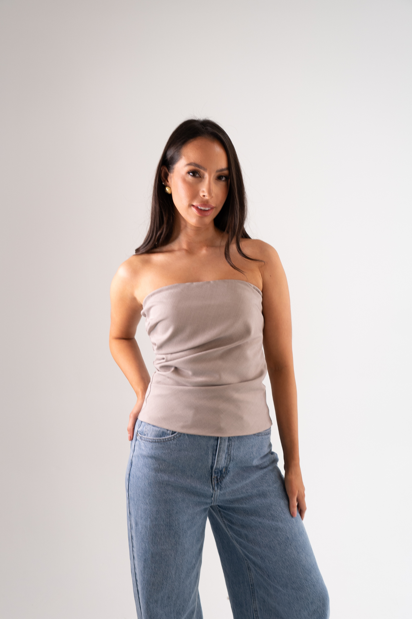 Erica Draped Strapless Top In Taupe