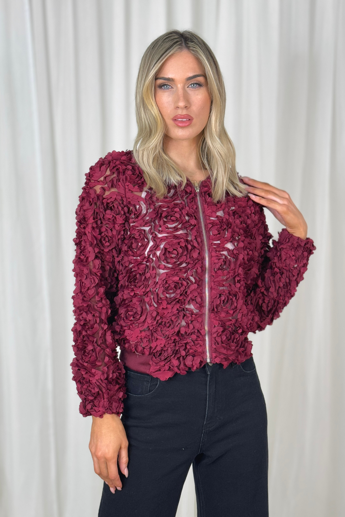 Holly Textured Bomber Jacket In Bordeaux