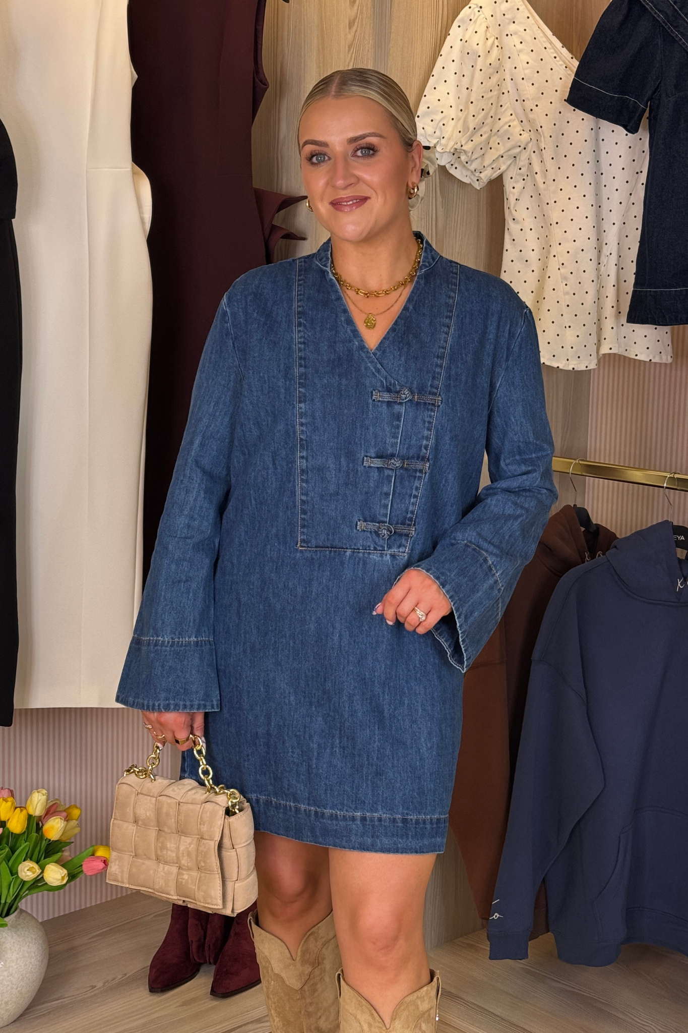 Cora Denim Shift Dress In Mid Wash