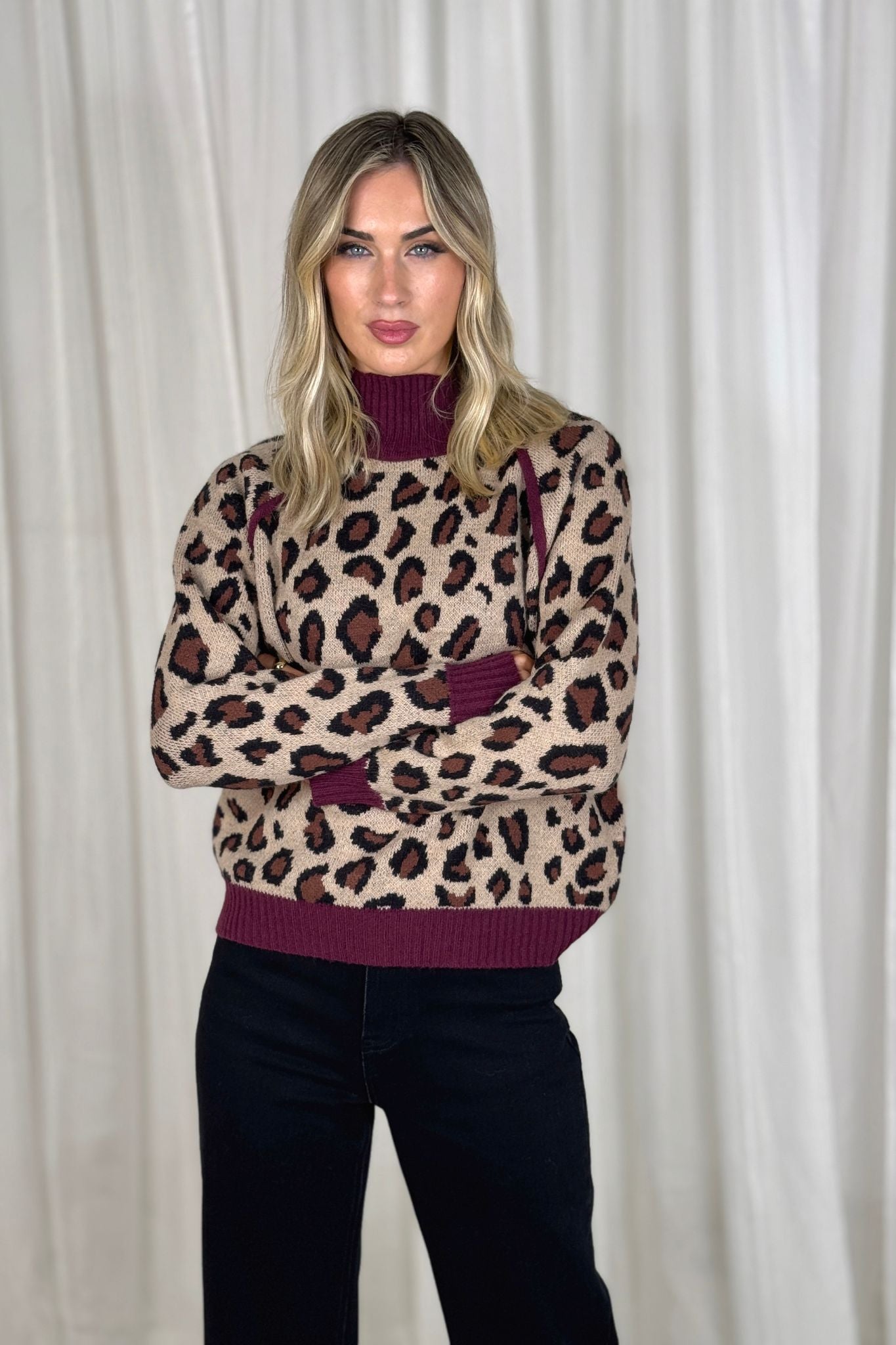 Millie Bordeaux Trim Jumper In Leopard Print