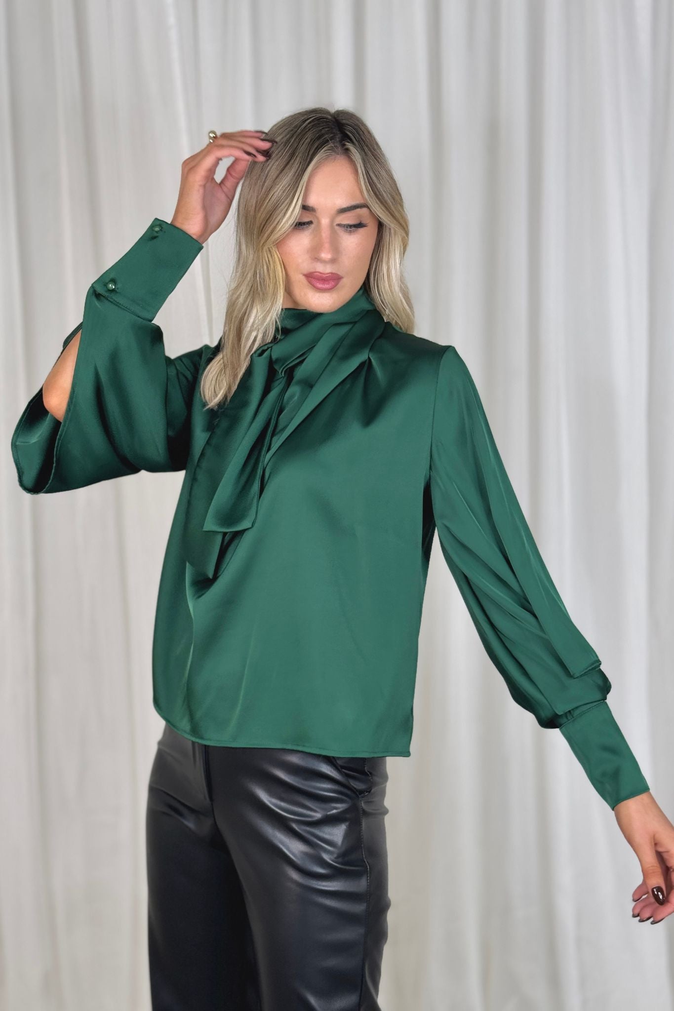 Pia Tie Neck Satin Blouse In Emerald Green