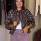 Kendra Stripe Bow Collar Top In Coffee