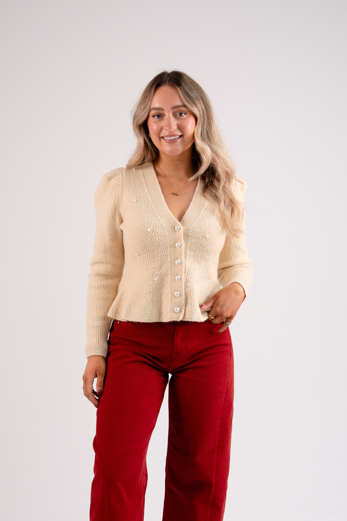 Love Laura Pearl Cardigan In Beige