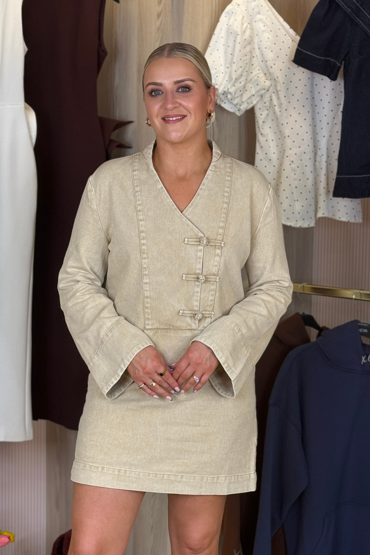 Cora Denim Shift Dress In Beige