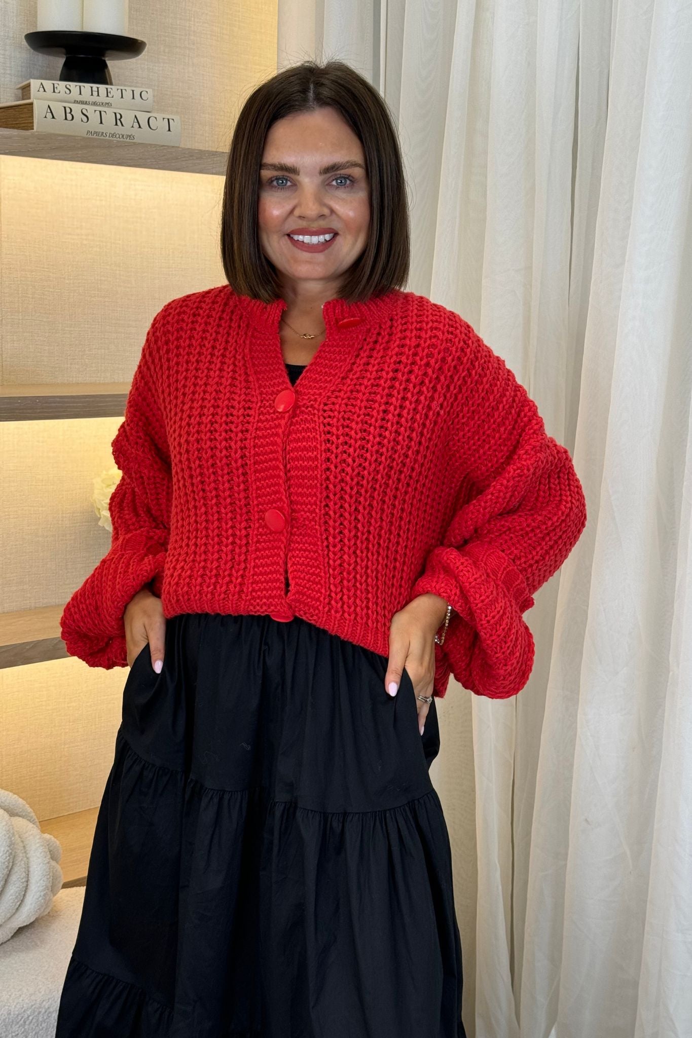 Lila Chunky Knit Cardigan In Red