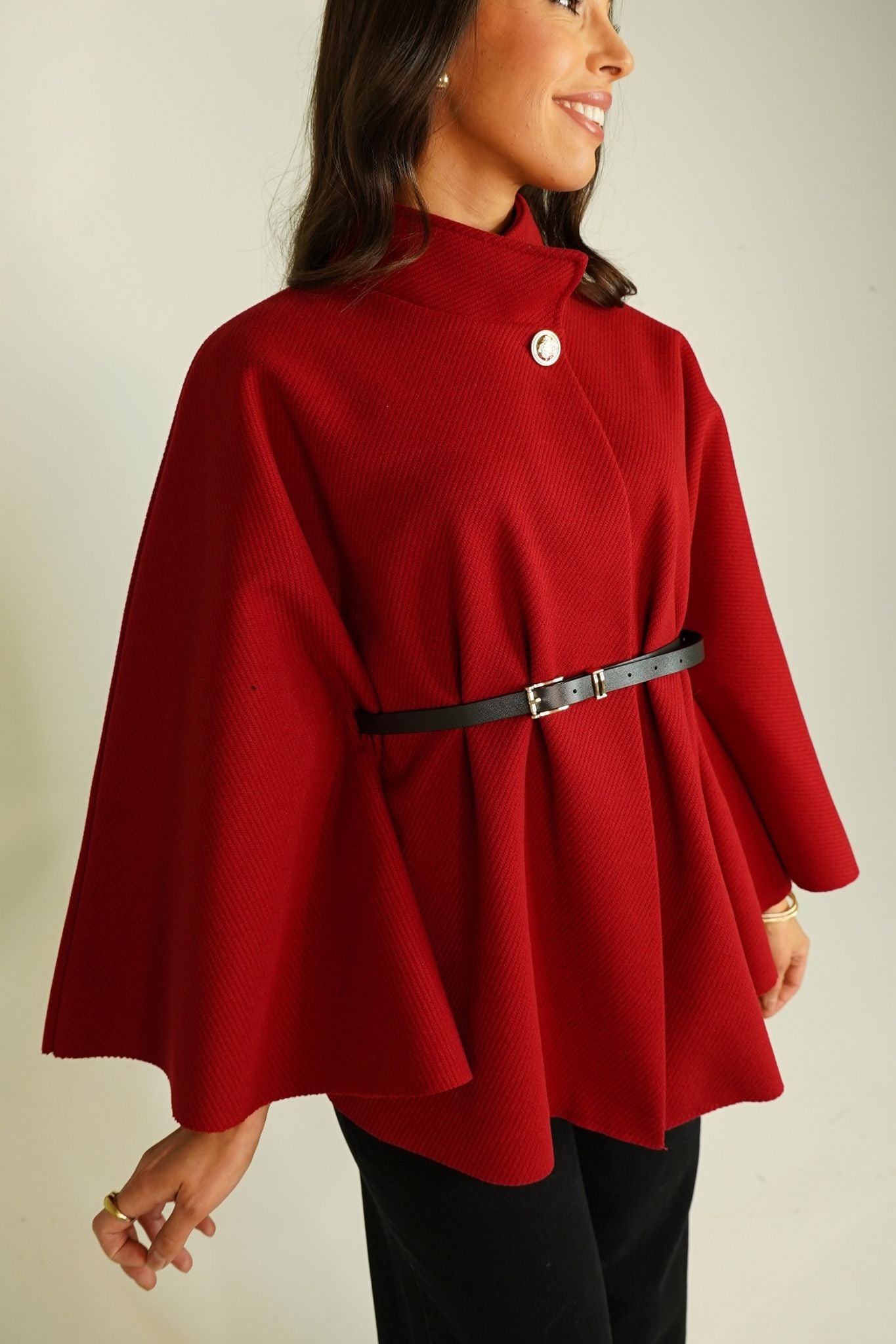 Leah Belted Cape Jacket In Burgundy