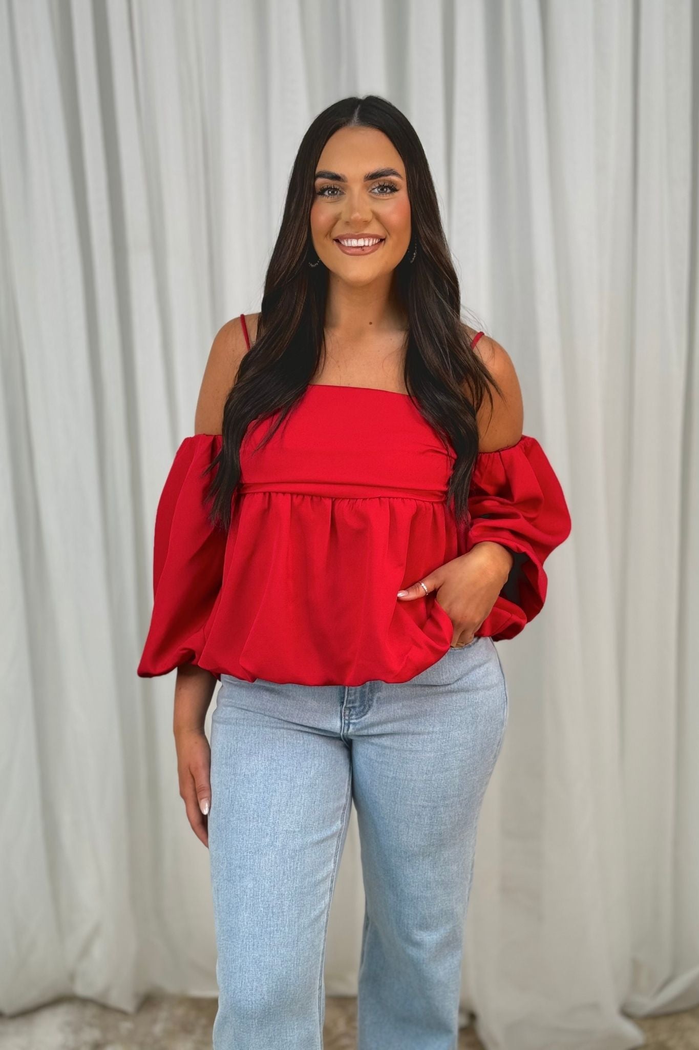 Lila Puff Sleeve Top In Red